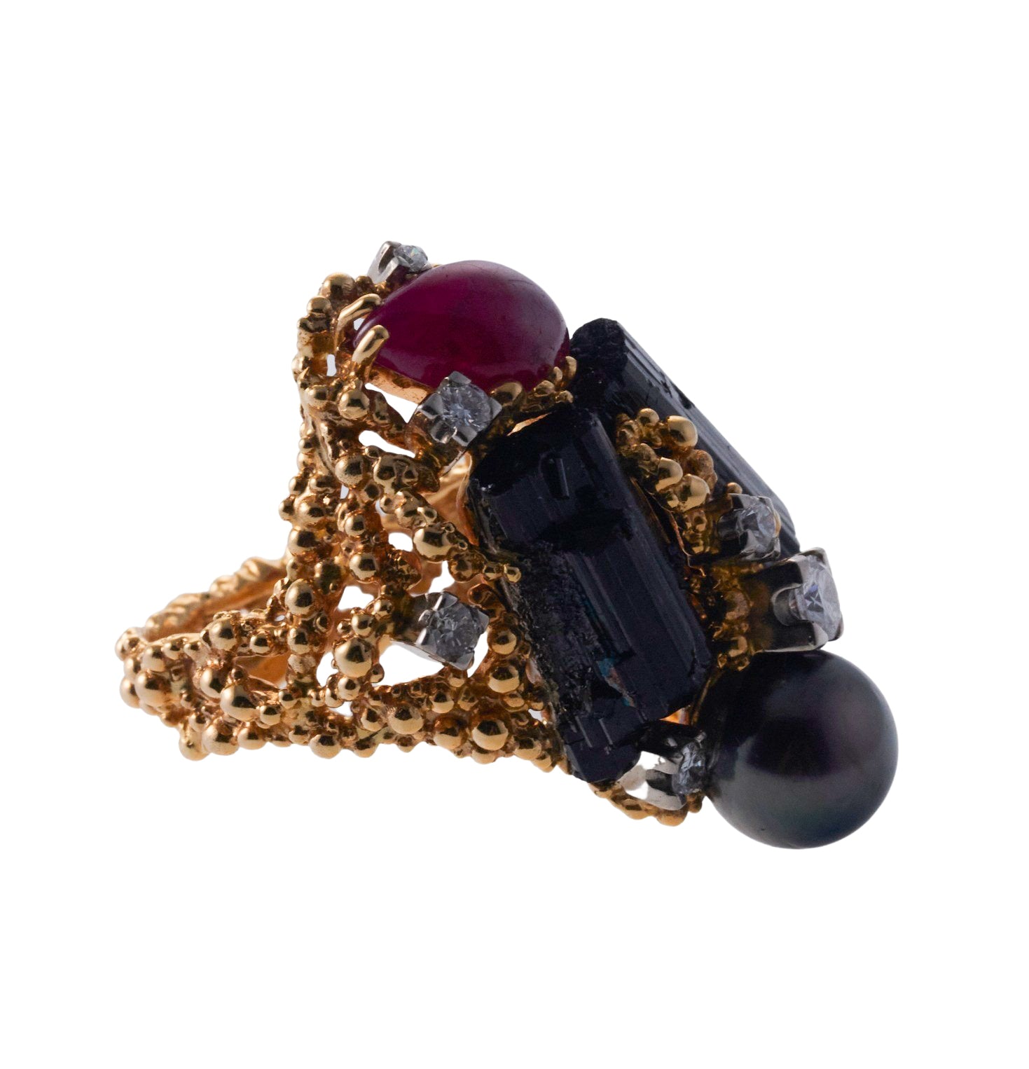 Gilbert Albert 1970s Tourmaline Pearl Diamond Ruby Gold Ring