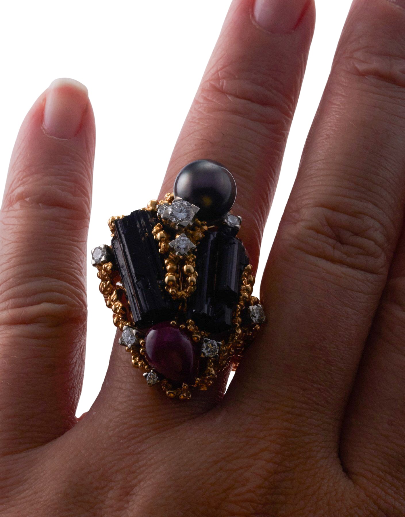 Gilbert Albert 1970s Tourmaline Pearl Diamond Ruby Gold Ring