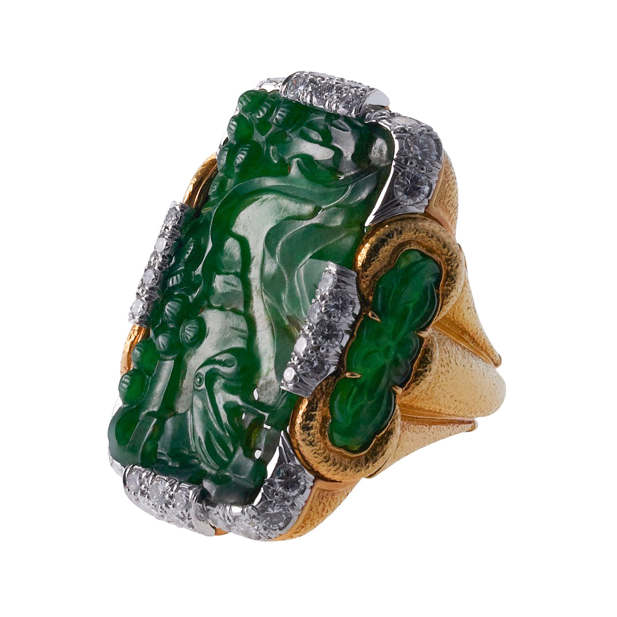David Webb Diamond Carved Jade Platinum Gold Ring