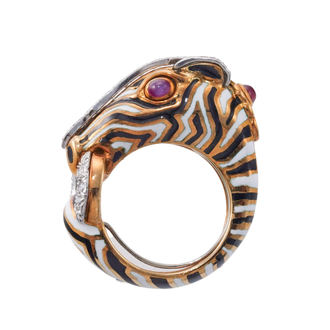 David Webb Diamond Ruby Gold Platinum Enamel Zebra Ring