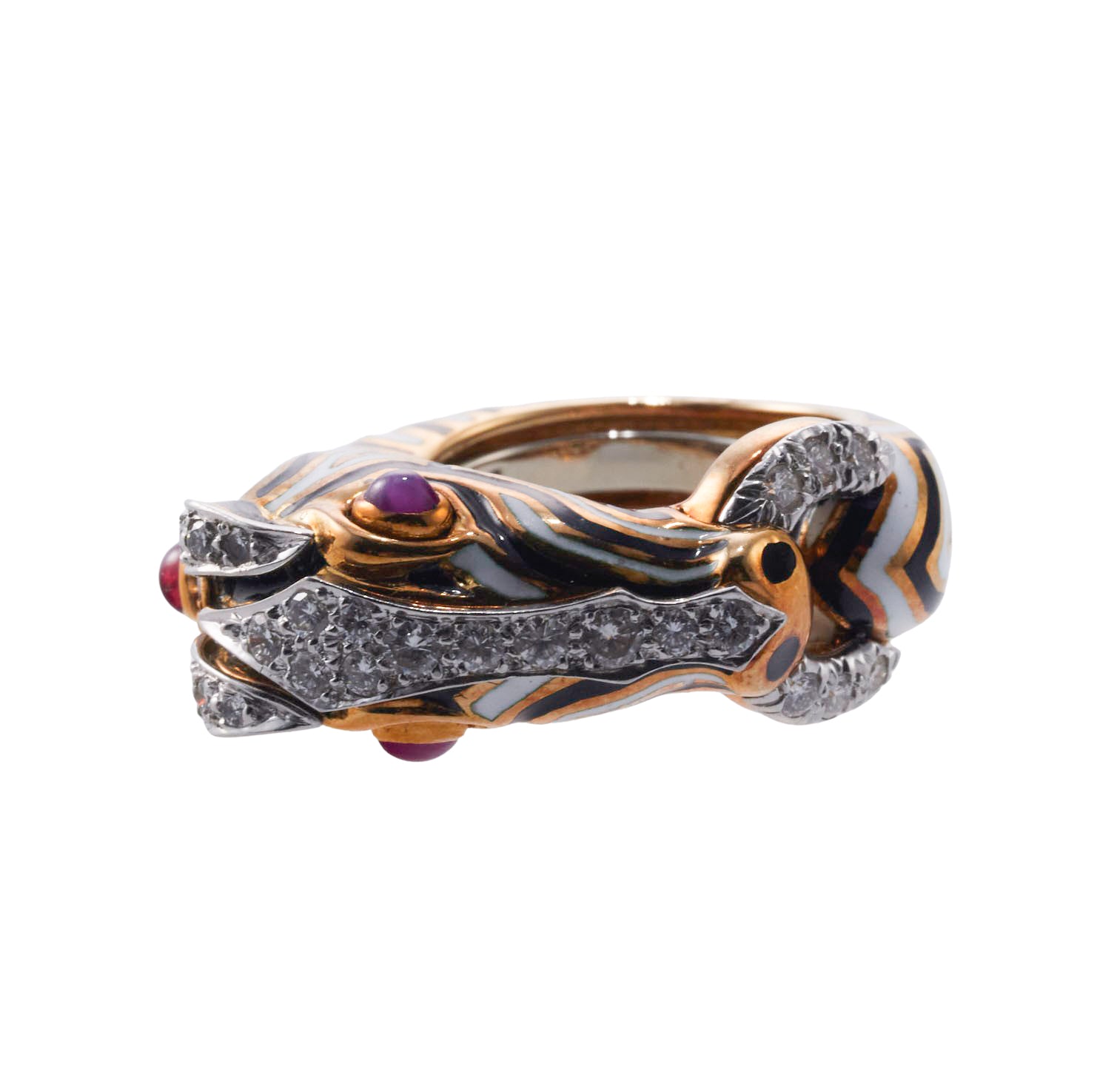 David Webb Diamond Ruby Gold Platinum Enamel Zebra Ring