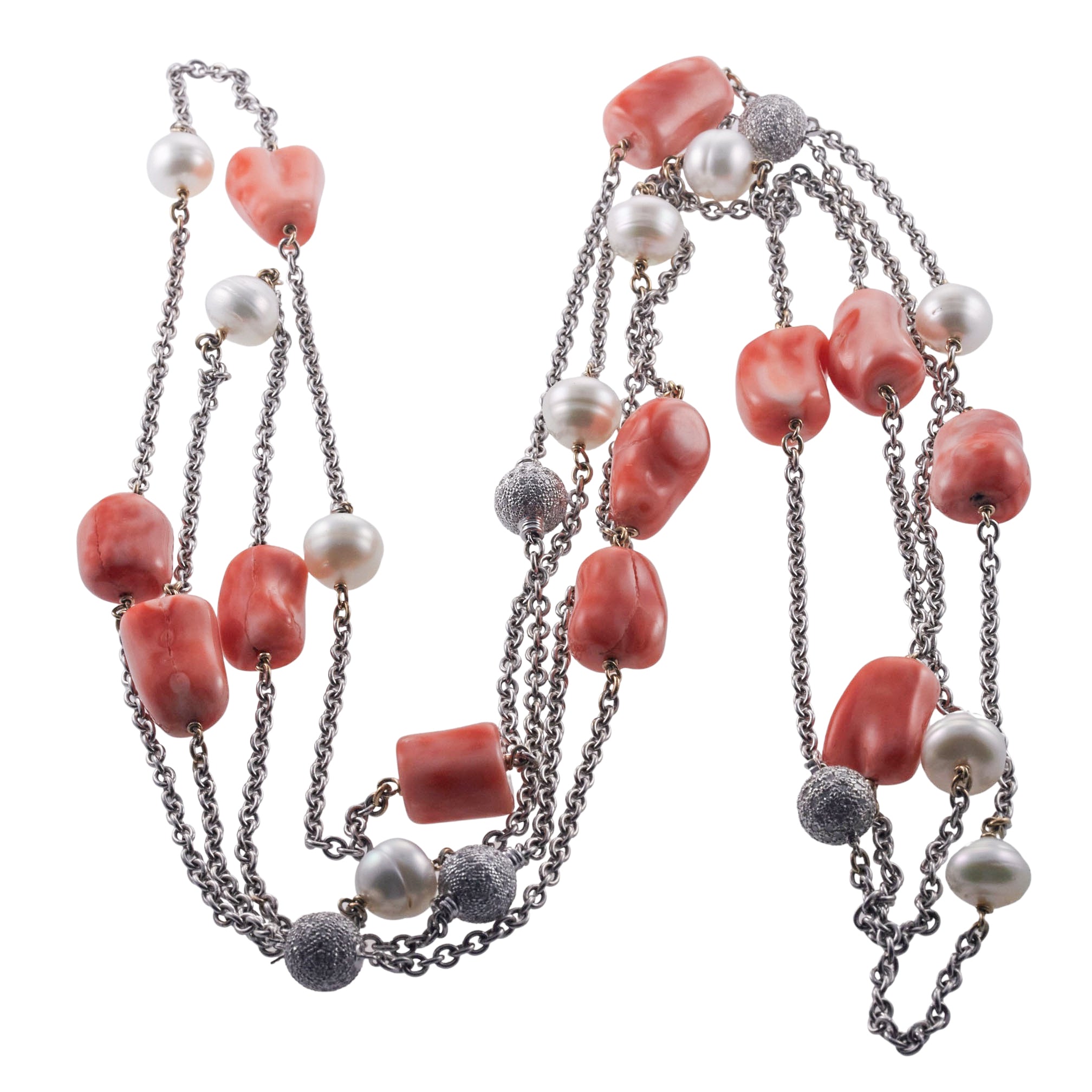 Coral Diamond Pearl Gold Long Station Necklace Set