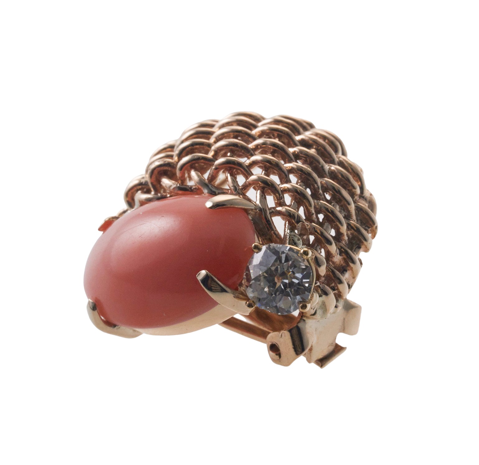 Seaman Schepps 1940s Basket Weave Coral Diamond Gold Earrings