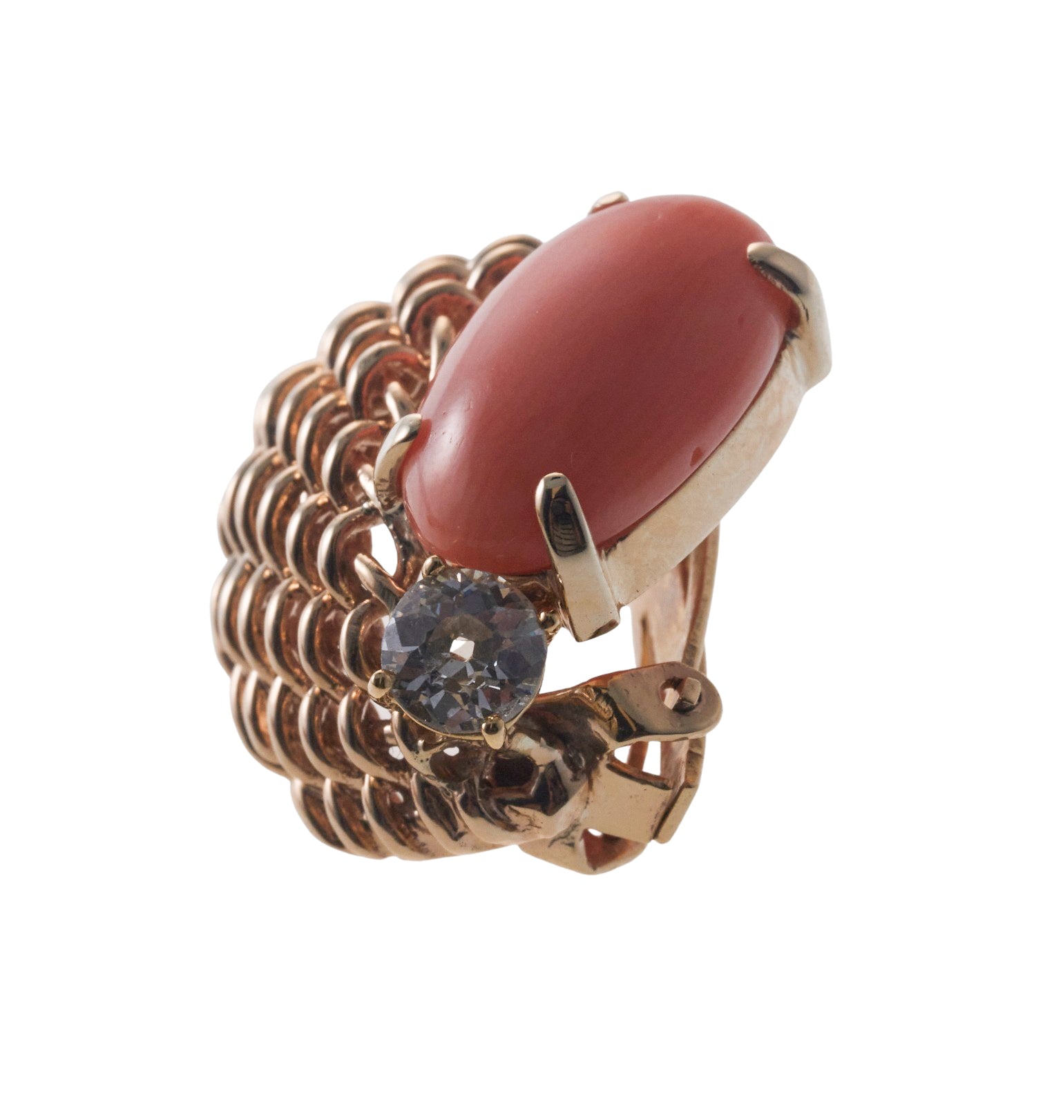 Seaman Schepps 1940s Basket Weave Coral Diamond Gold Earrings