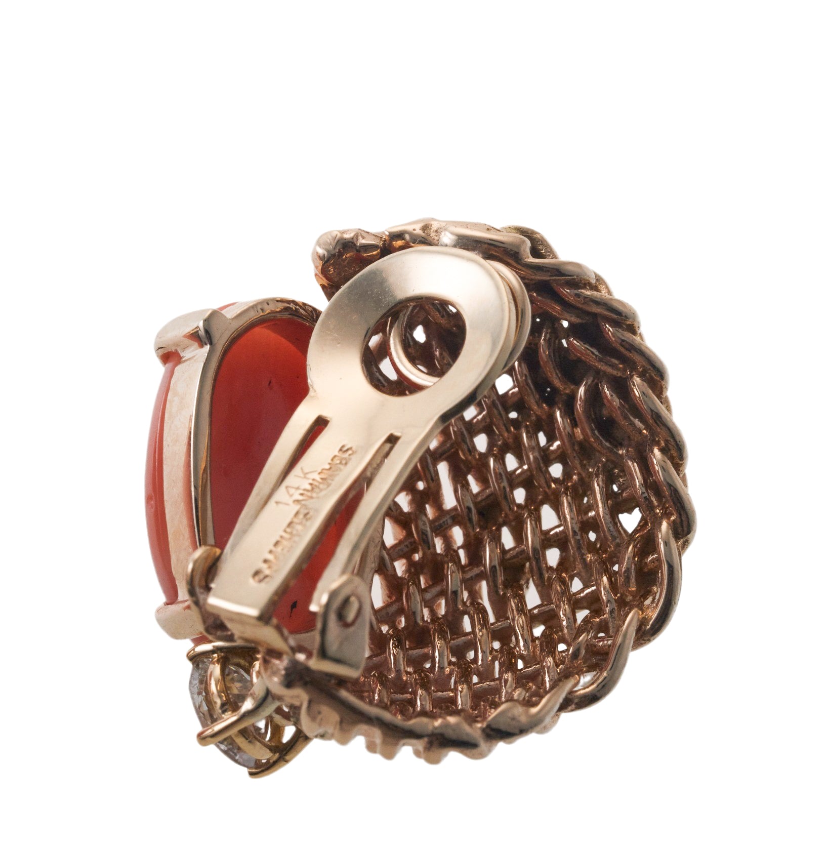 Seaman Schepps 1940s Basket Weave Coral Diamond Gold Earrings