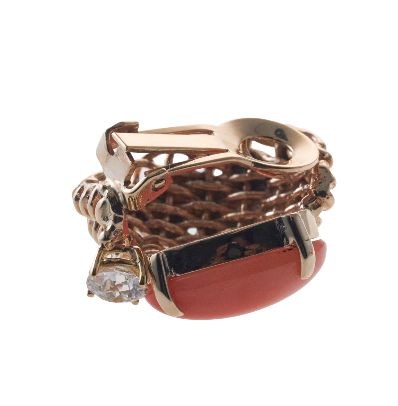 Seaman Schepps 1940s Basket Weave Coral Diamond Gold Earrings