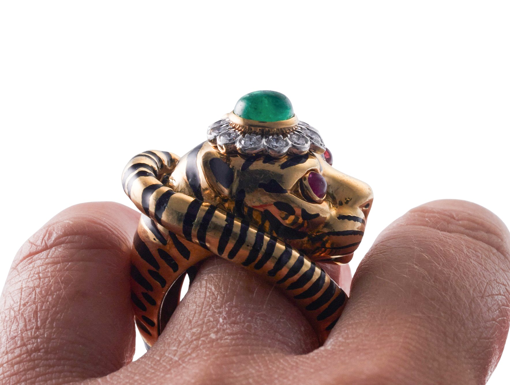 David Webb Diamond Emerald Ruby Gold Platinum Leopard Ring