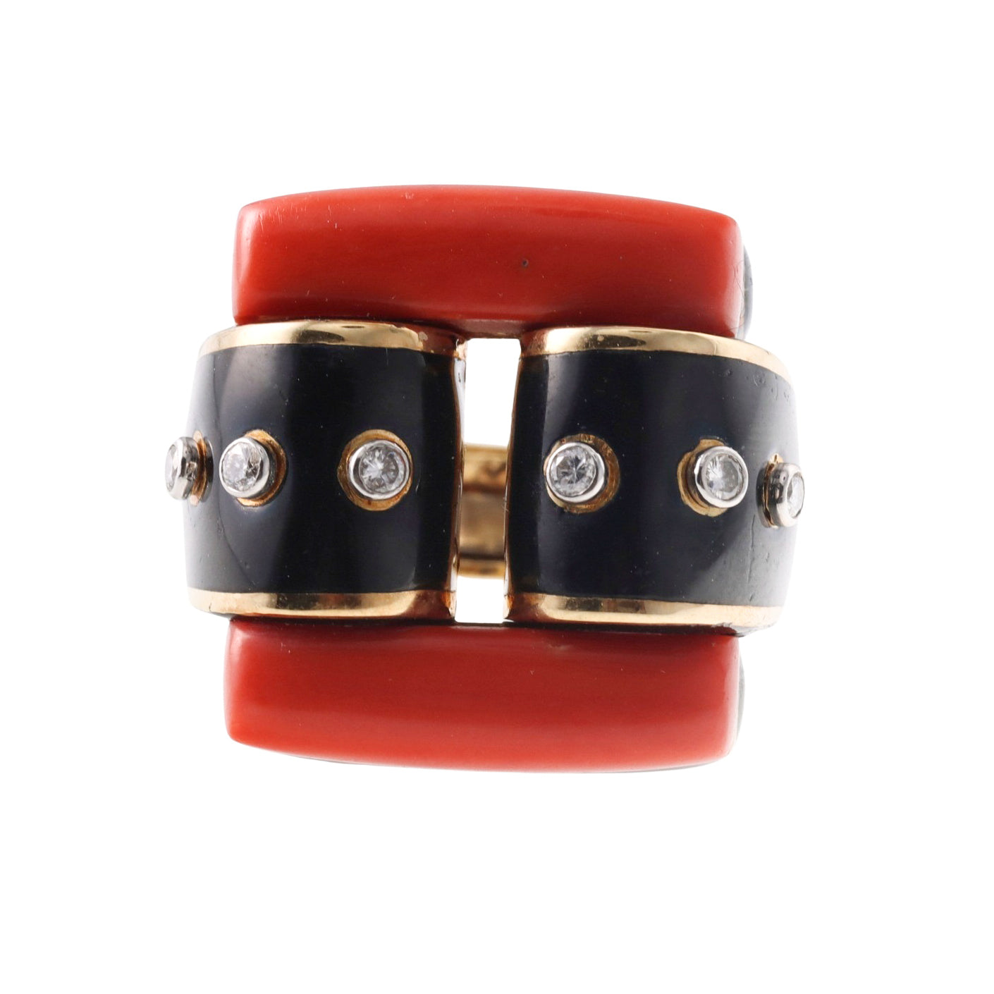 David Webb Coral Diamond Enamel Gold Platinum Domino Ring