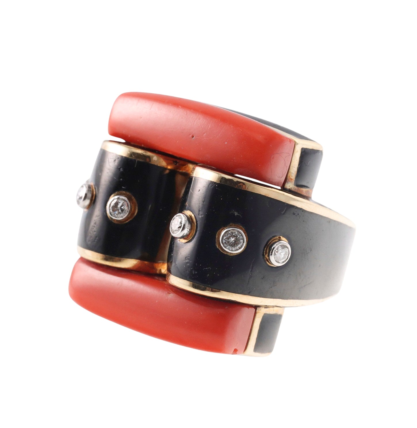 David Webb Coral Diamond Enamel Gold Platinum Domino Ring
