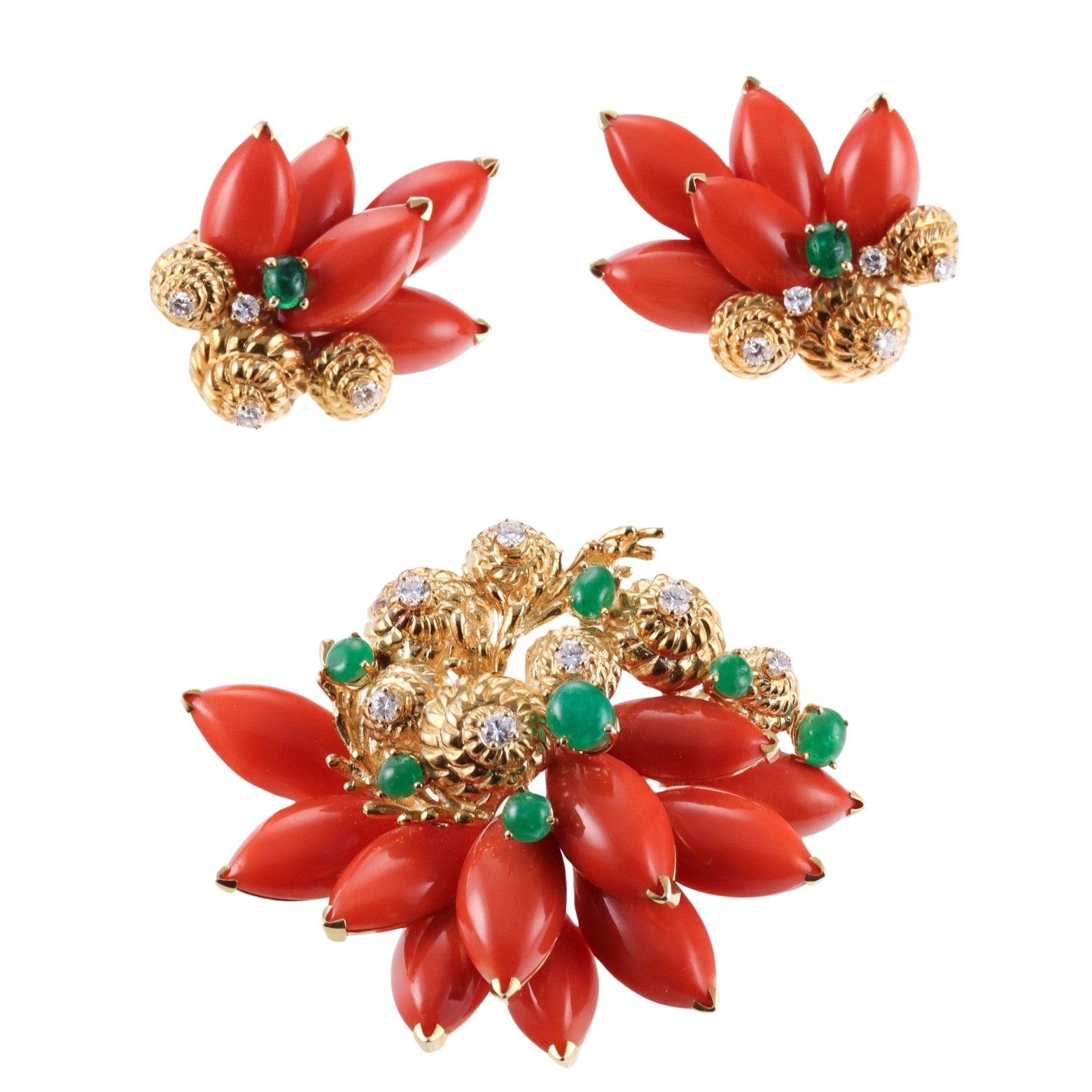 1970s Coral Emerald Diamond Gold Earrings Brooch Set