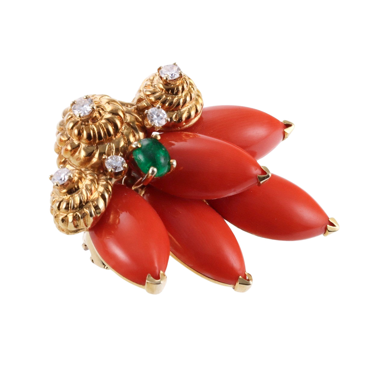 1970s Coral Emerald Diamond Gold Earrings Brooch Set