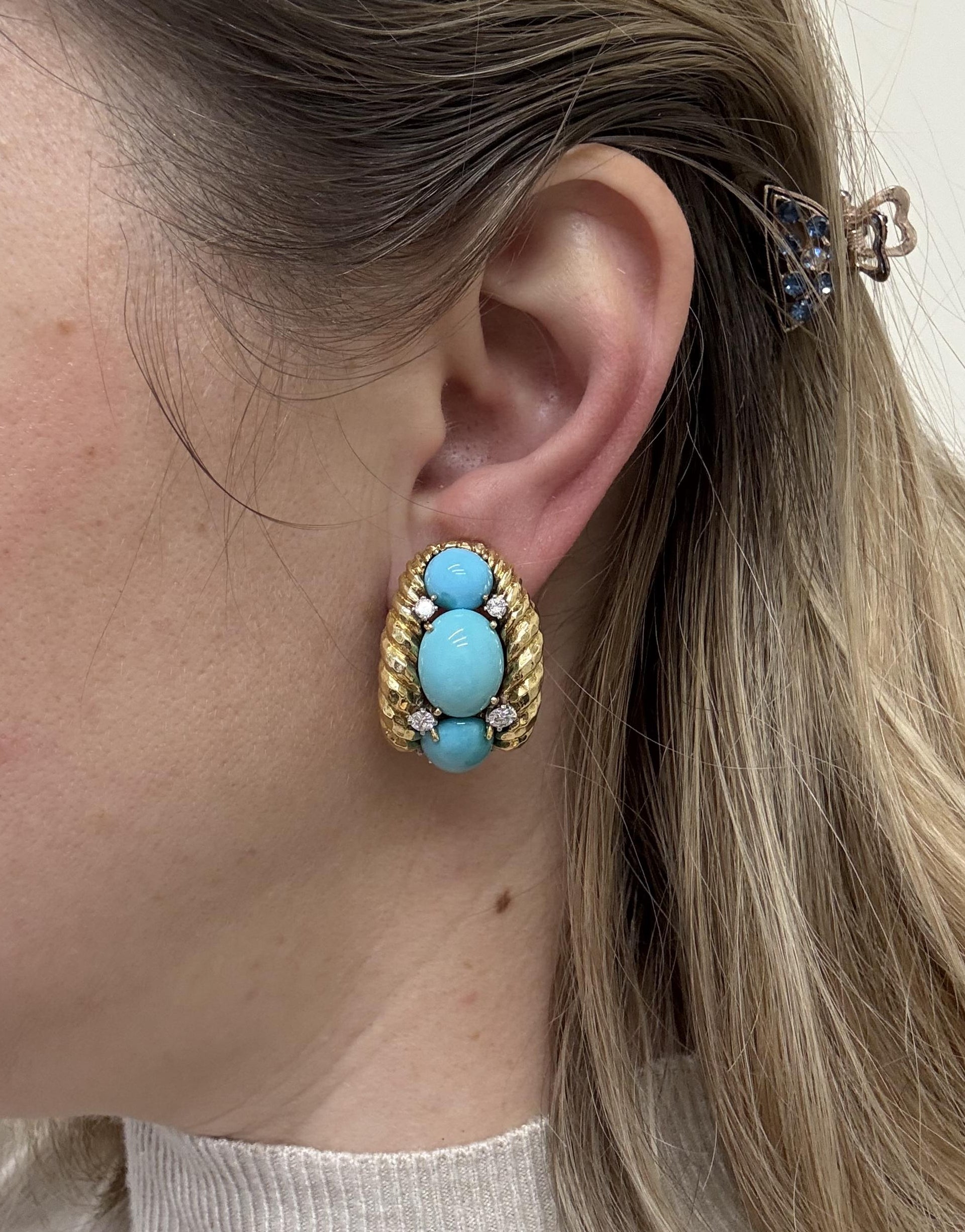 David Webb Turquoise Diamond Gold Platinum Earrings