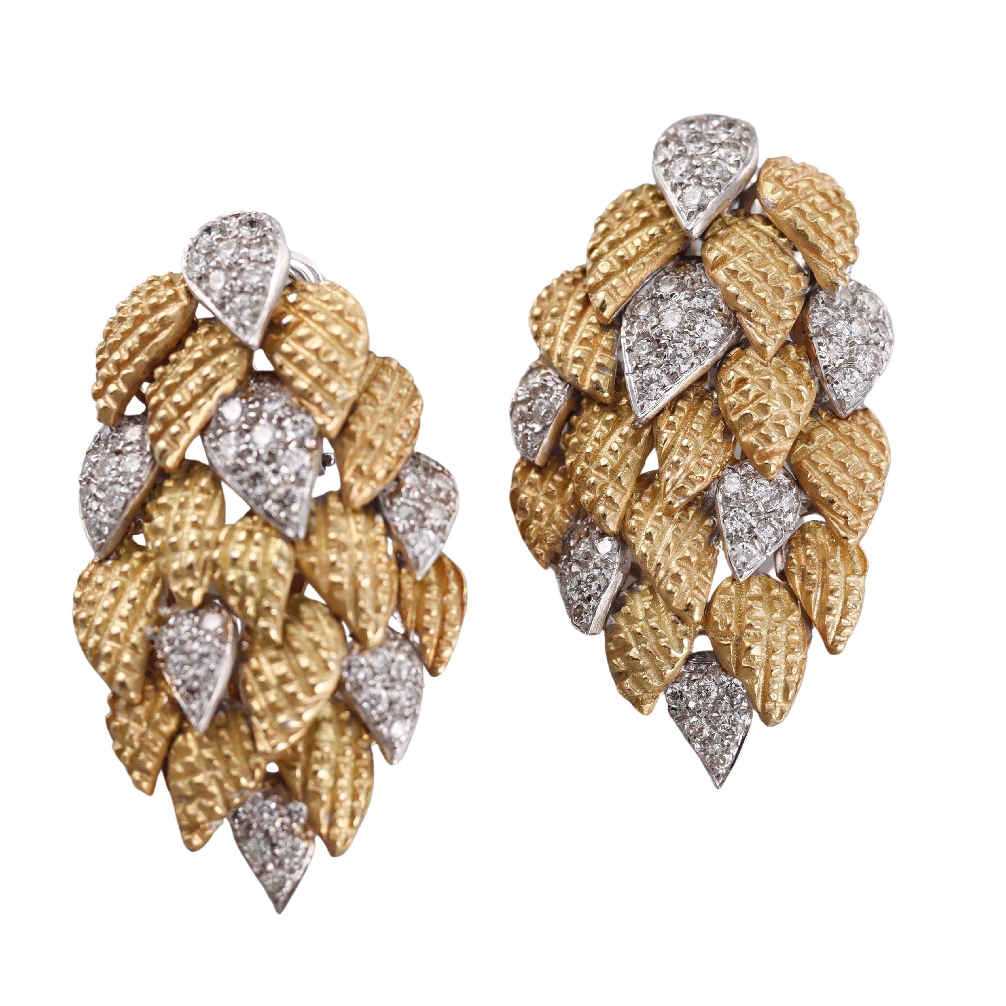 Piranesi Gold Diamond Leaf Motif Earrings