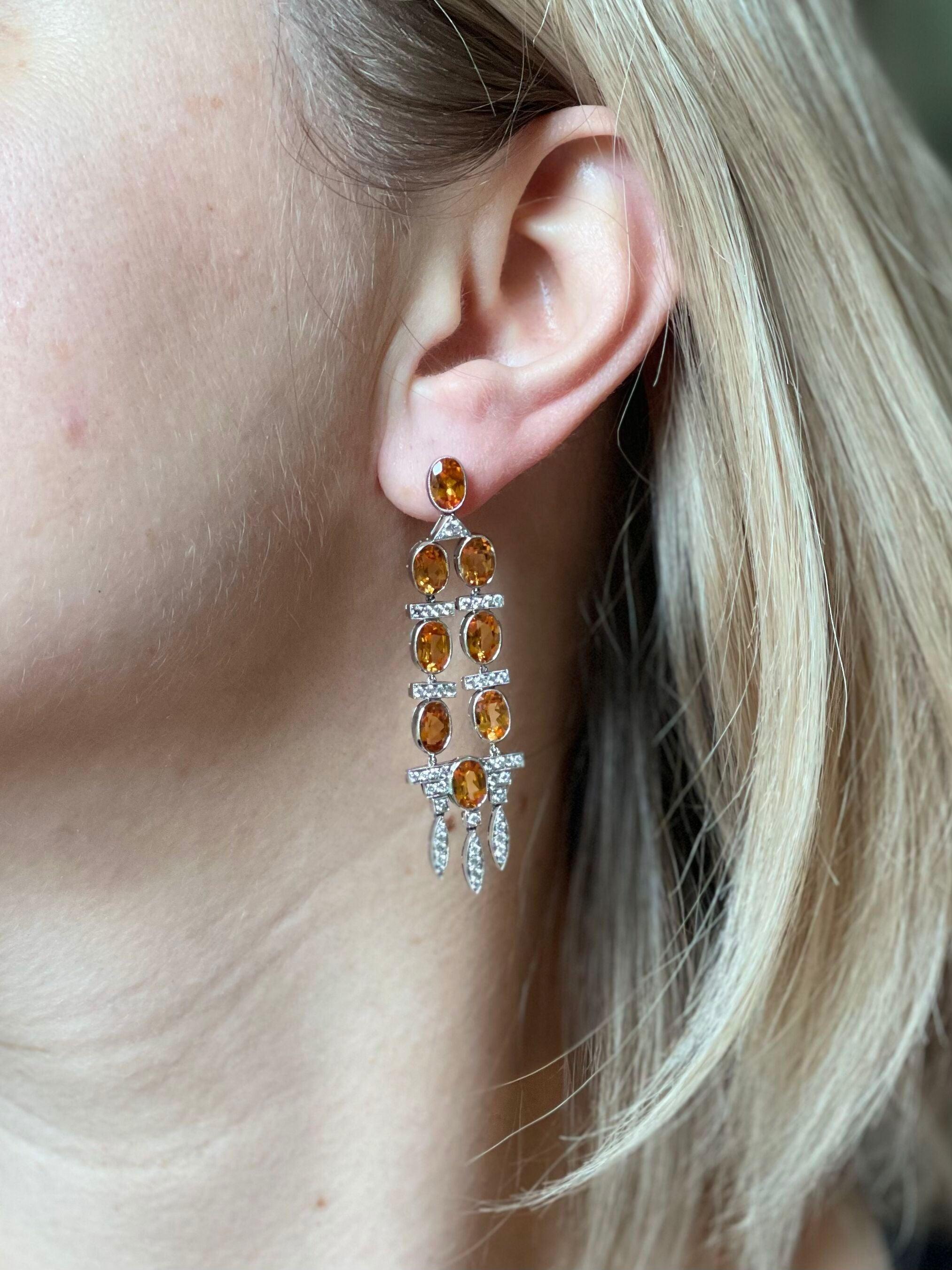 Platinum Diamond Spessartite Garnet Chandelier Earrings