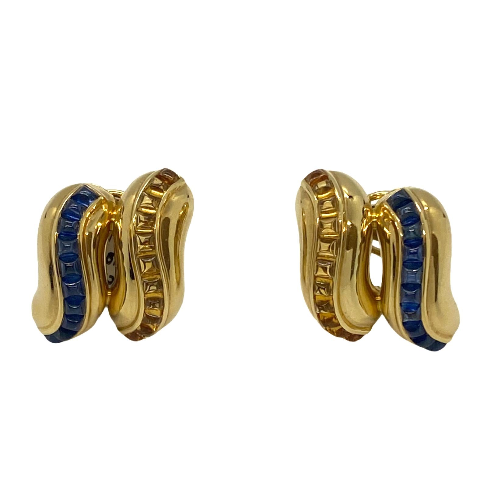 Seaman Schepps Sugarloaf Cut Sapphire Citrine 18K Gold Earrings