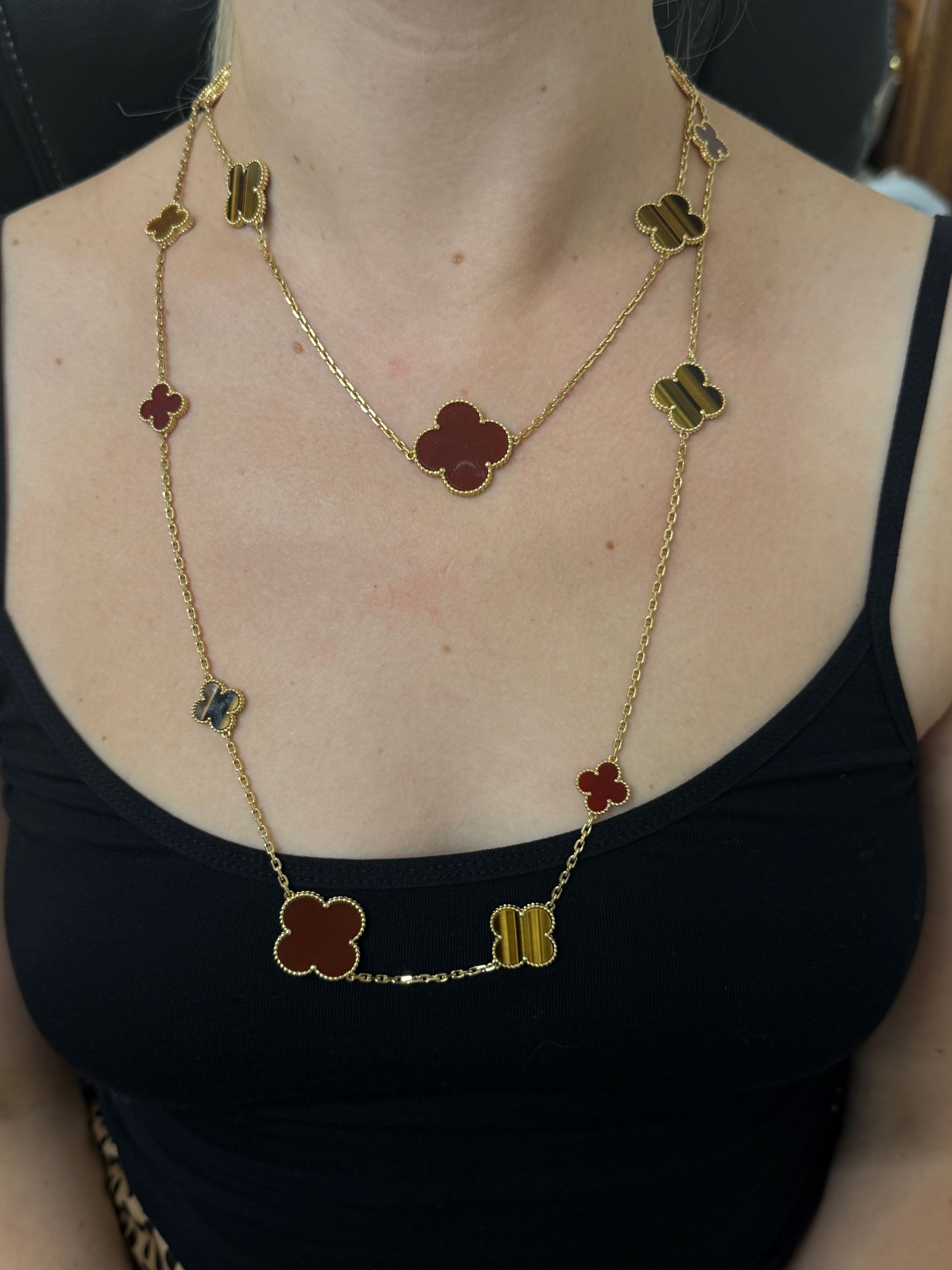 Van Cleef & Arpels Magic Alhambra Carnelian Tiger's Eye 16 Motif Necklace