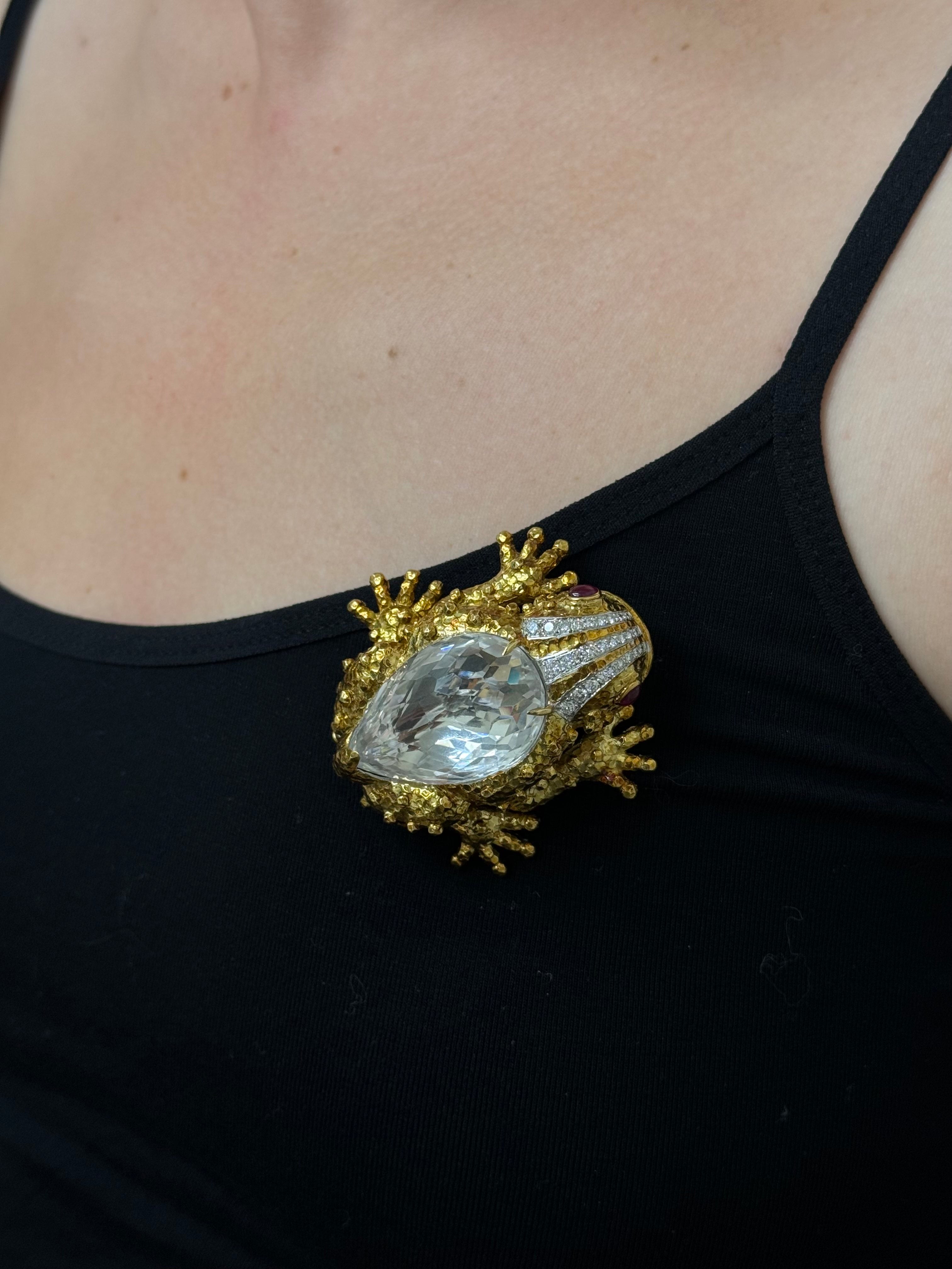 David Webb Crystal Diamond Ruby Gold Platinum Frog Brooch Pin