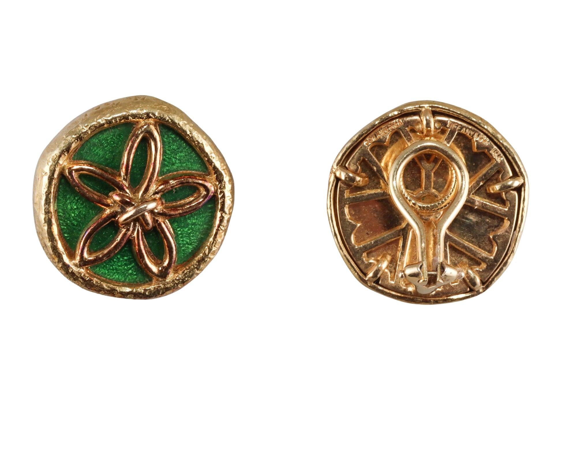 Tiffany & Co Schlumberger Gold Green Enamel Earrings