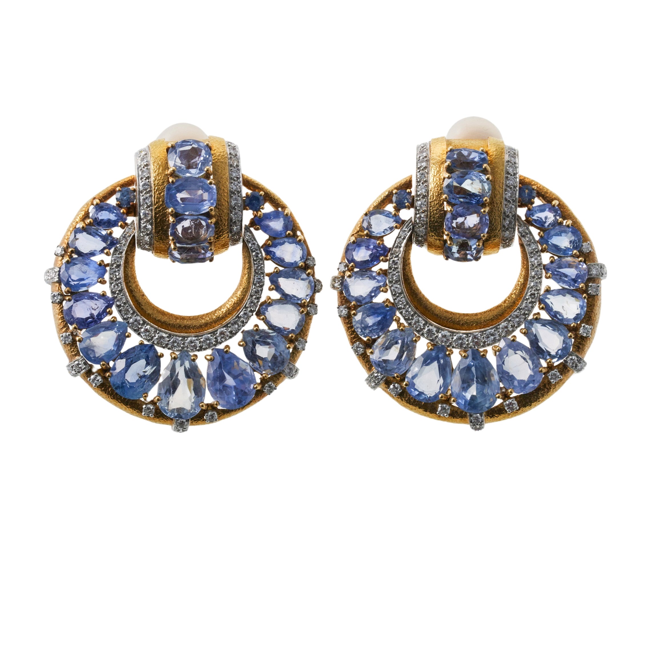 David Webb Vintage Gold Diamond Sapphire Door Knocker Earrings