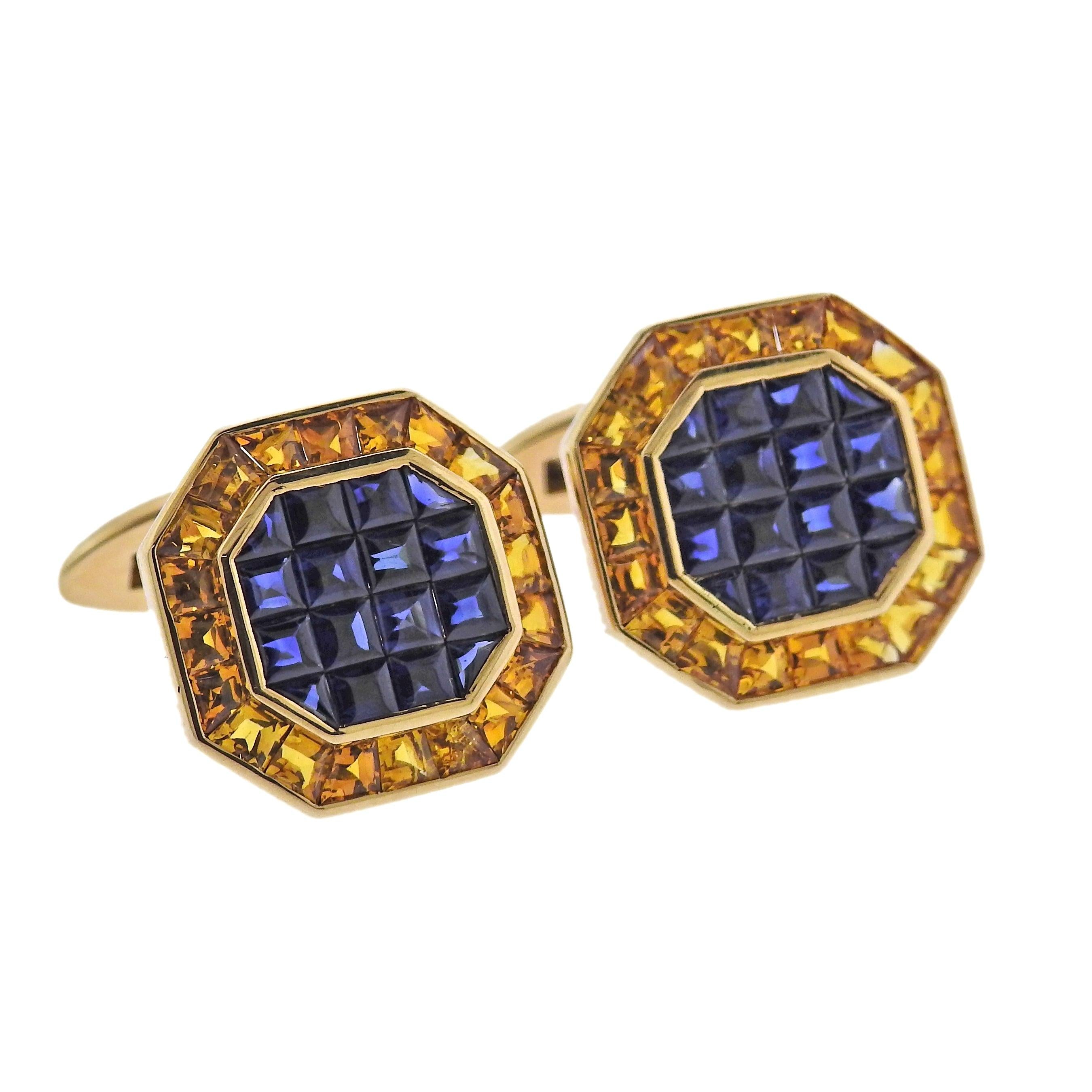 Yellow Blue Sapphire Gold Classic Cufflinks