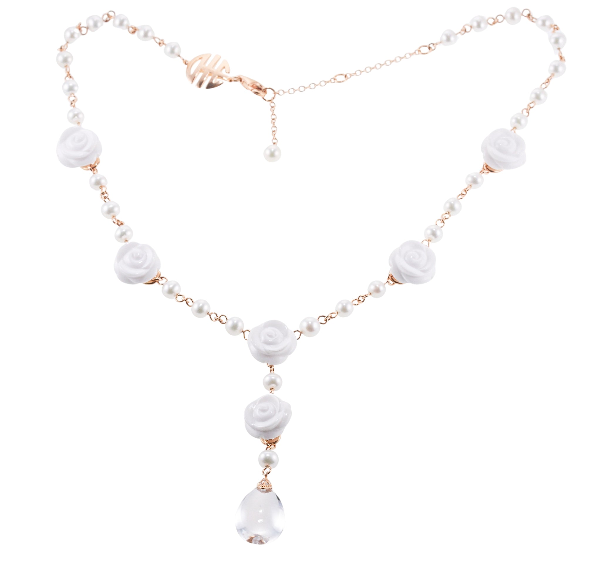 Mimi Milano Grace White Agate Diamond Pearl Gold Pendant Necklace