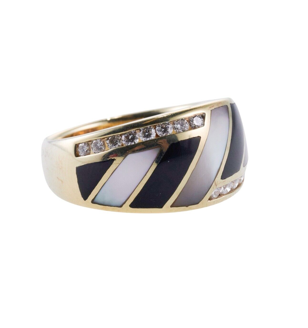 Asch Grossbardt Inlay Mother of Pearl Onyx Diamond Gold Ring