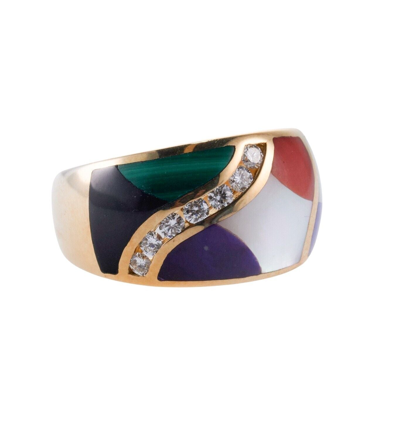Asch Grossbardt Inlay Malachite Coral Lapis Diamond Gold Ring