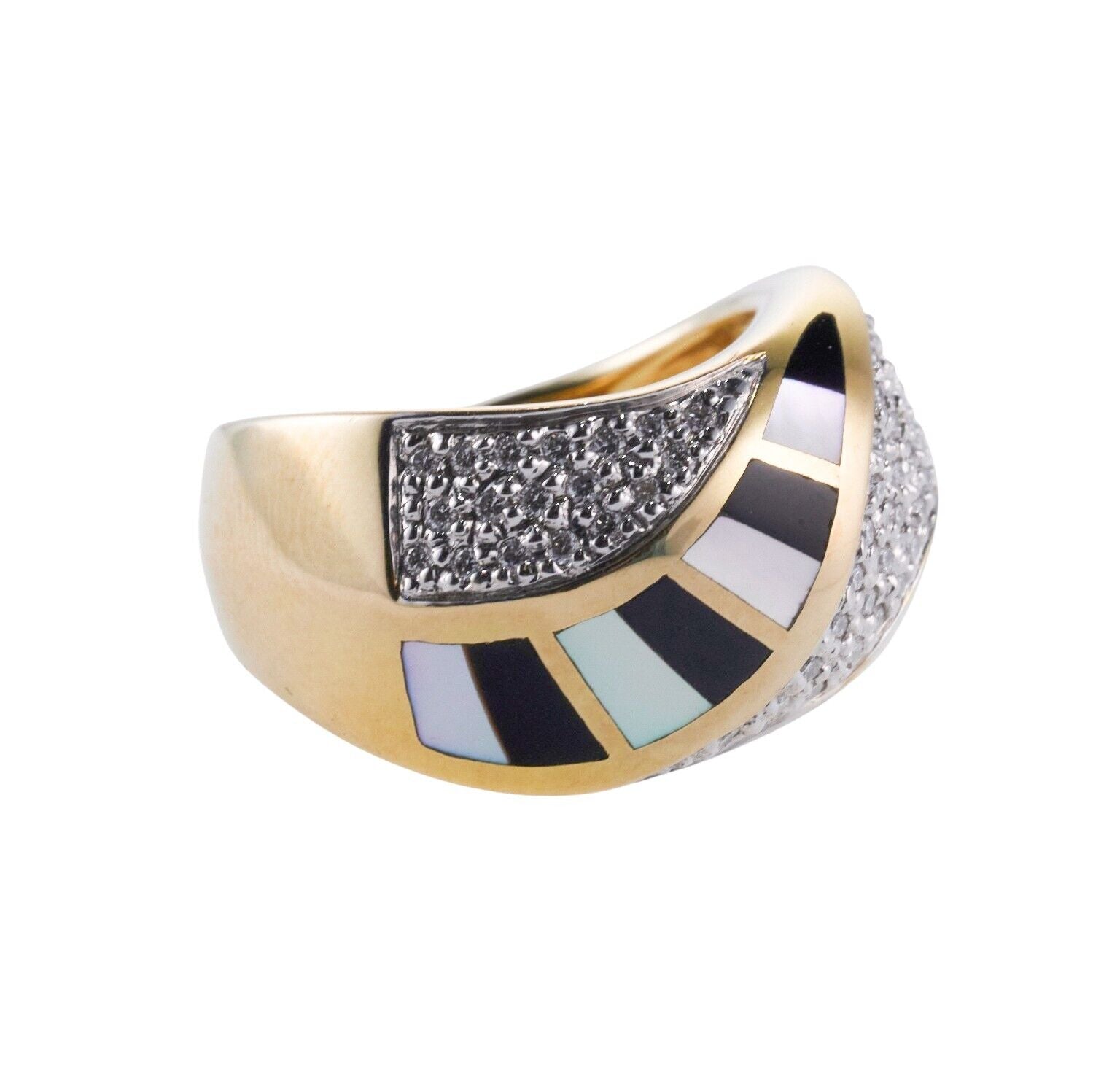 Asch Grossbardt Inlay Mother of Pearl Onyx Diamond Gold Wave Ring
