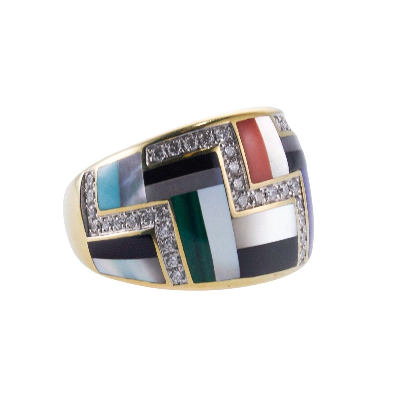 Asch Grossbardt Inlay Malachite Coral Lapis Diamond Gold Ring