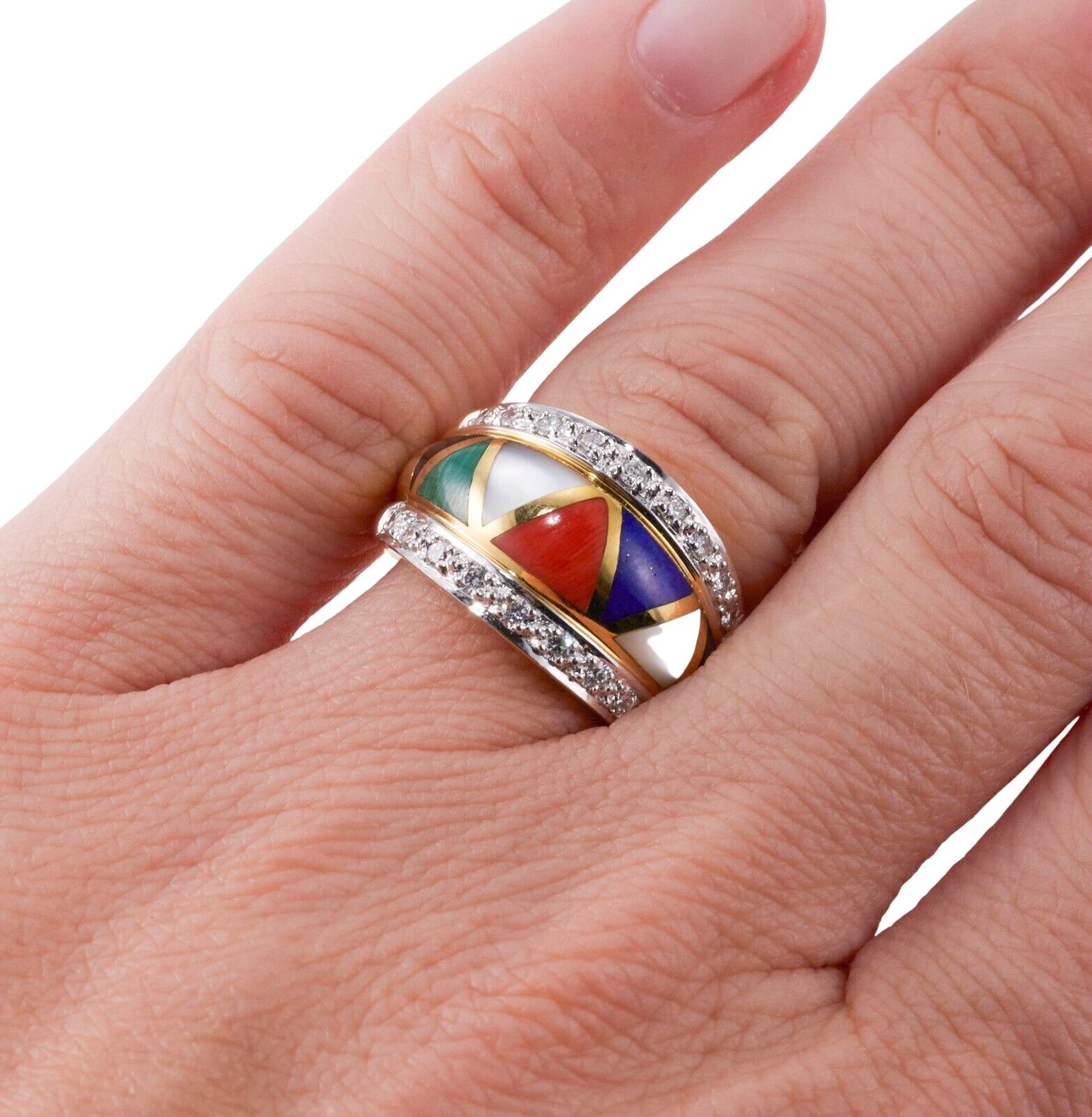 Asch Grossbardt Inlay Malachite Coral Lapis Diamond Gold Ring