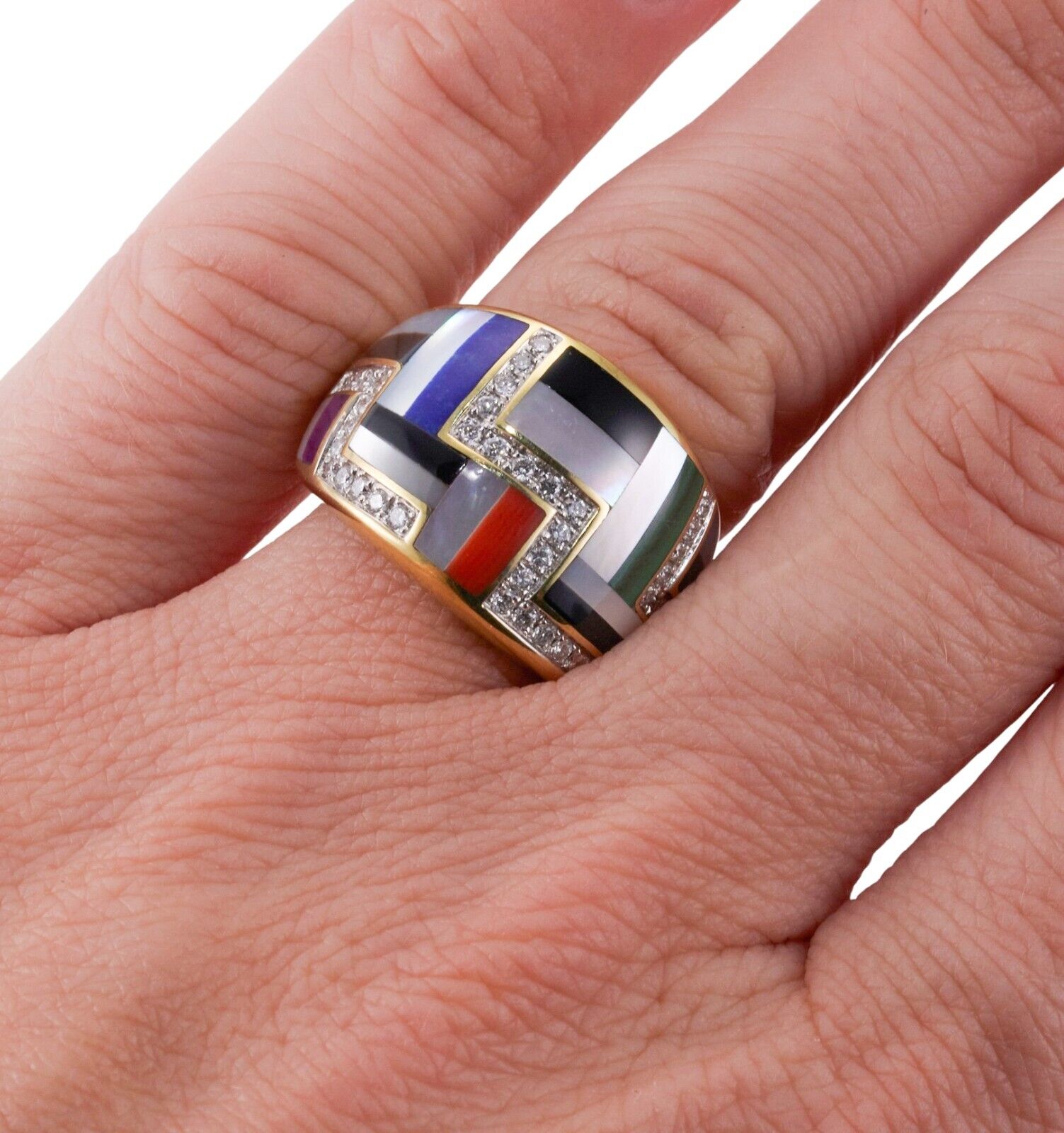 Asch Grossbardt Inlay Malachite Coral Lapis Diamond Gold Ring