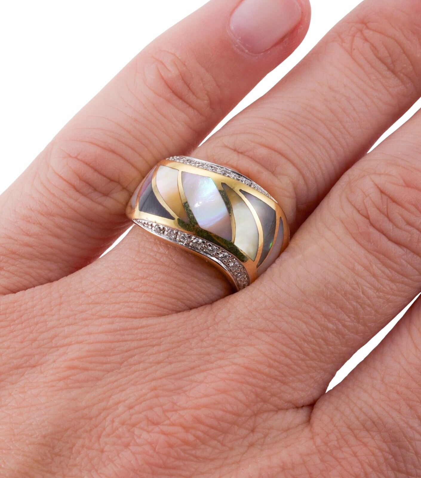 Asch Grossbardt Inlay Mother of Pearl Diamond Gold Wave Ring