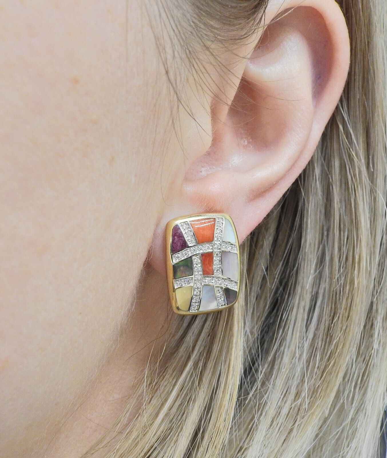 Asch Grossbardt MOP Coral Sugilite Inlay Diamond Gold Earrings