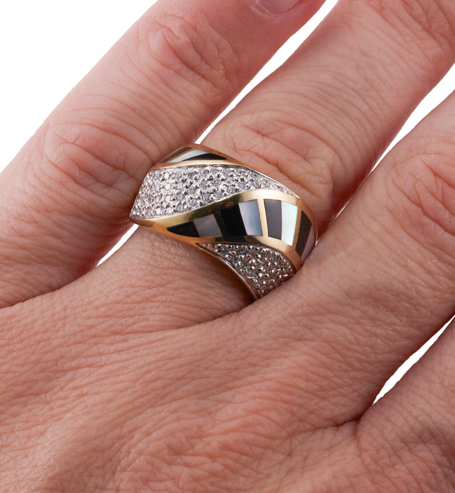 Asch Grossbardt Inlay Mother of Pearl Onyx Diamond Gold Wave Ring