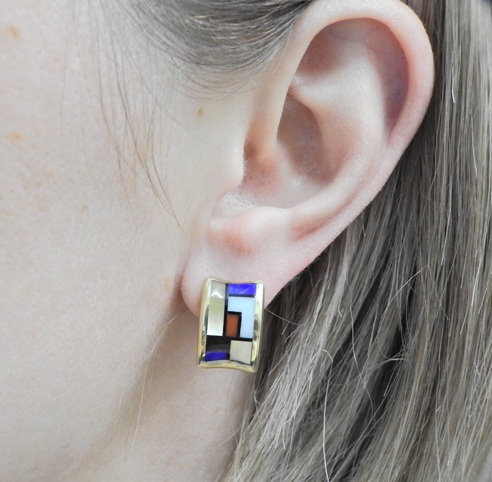 Asch Grossbardt MOP Coral Lapis Onyx Inlay Gold Earrings