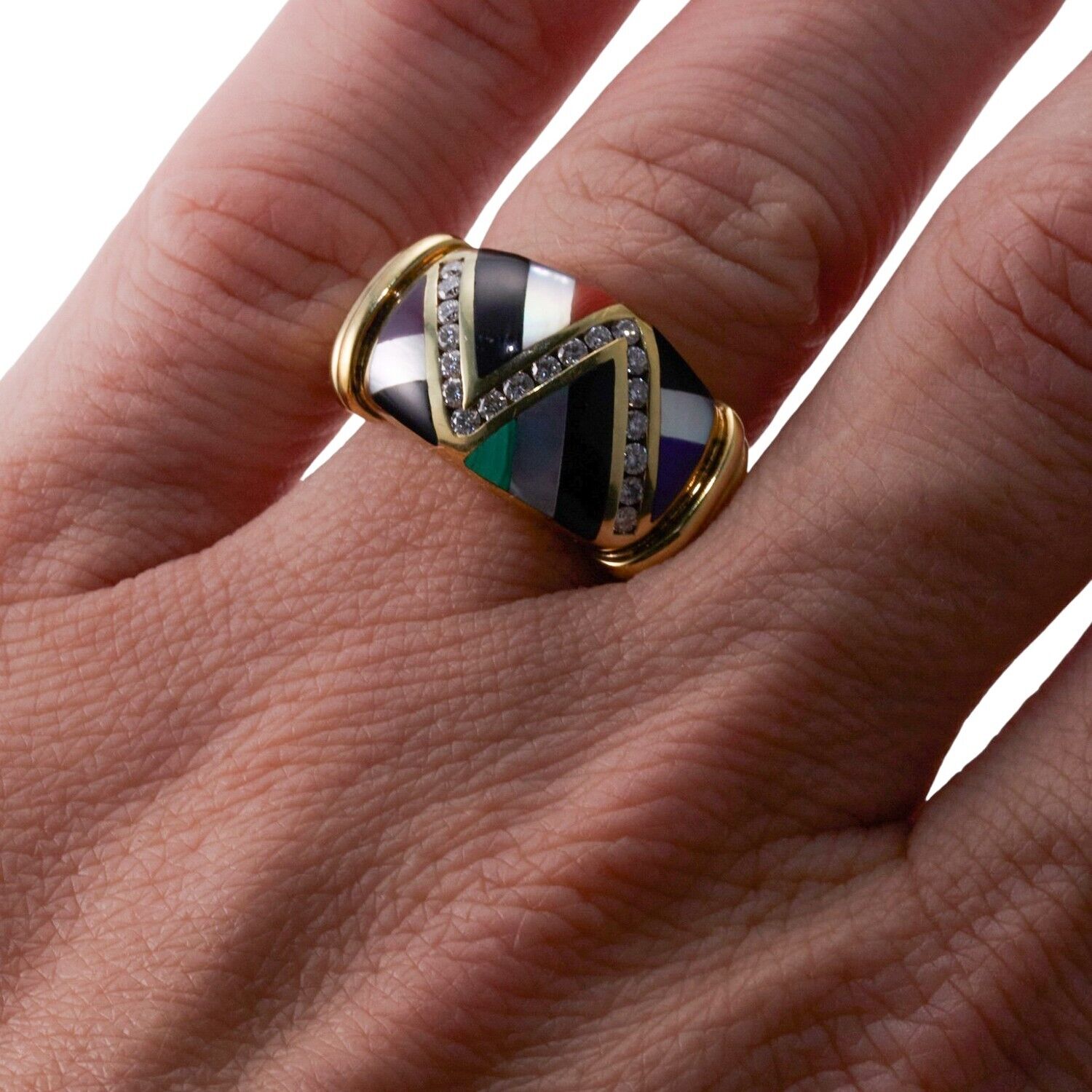 Asch Grossbardt Onyx MOP Lapis Coral Inlay Diamond Gold Ring