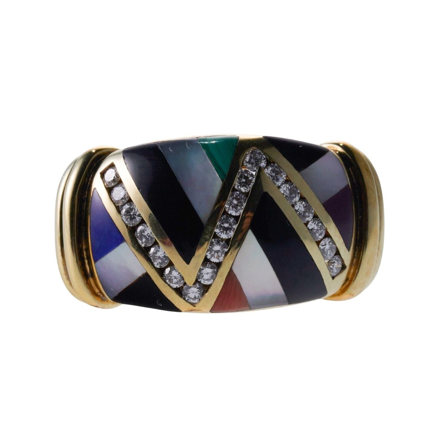 Asch Grossbardt Onyx MOP Lapis Coral Inlay Diamond Gold Ring