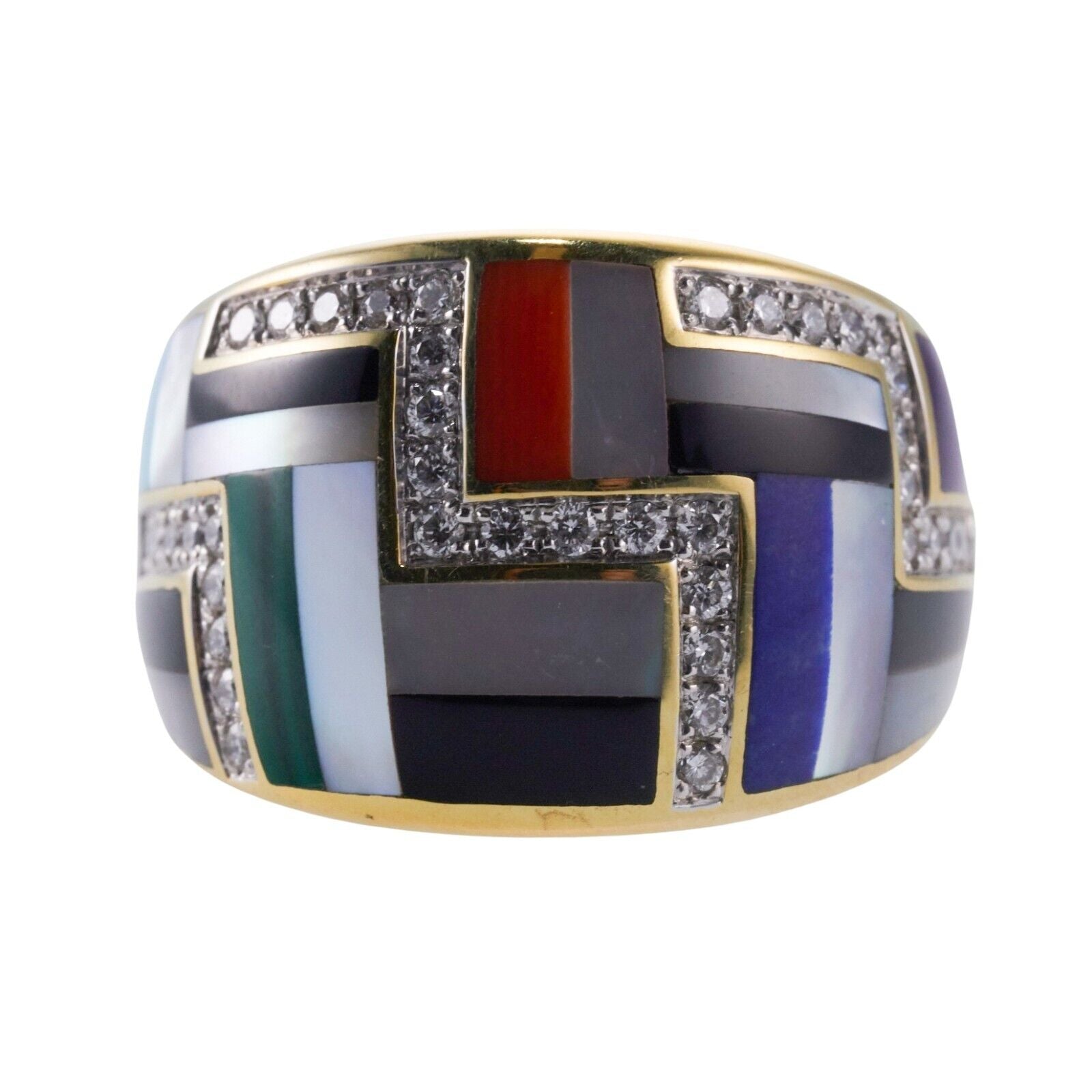 Asch Grossbardt Inlay Malachite Coral Lapis Diamond Gold Ring