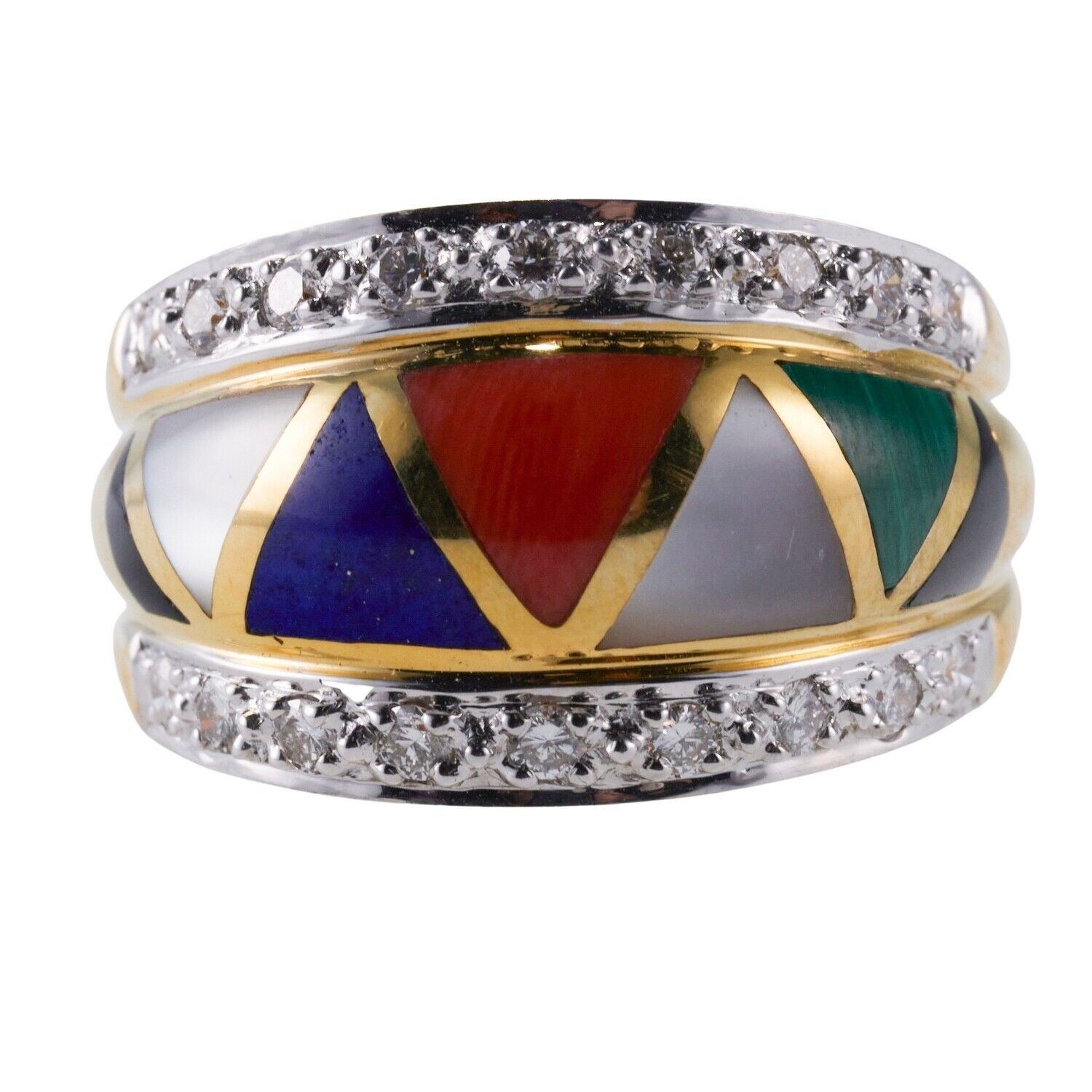 Asch Grossbardt Inlay Malachite Coral Lapis Diamond Gold Ring