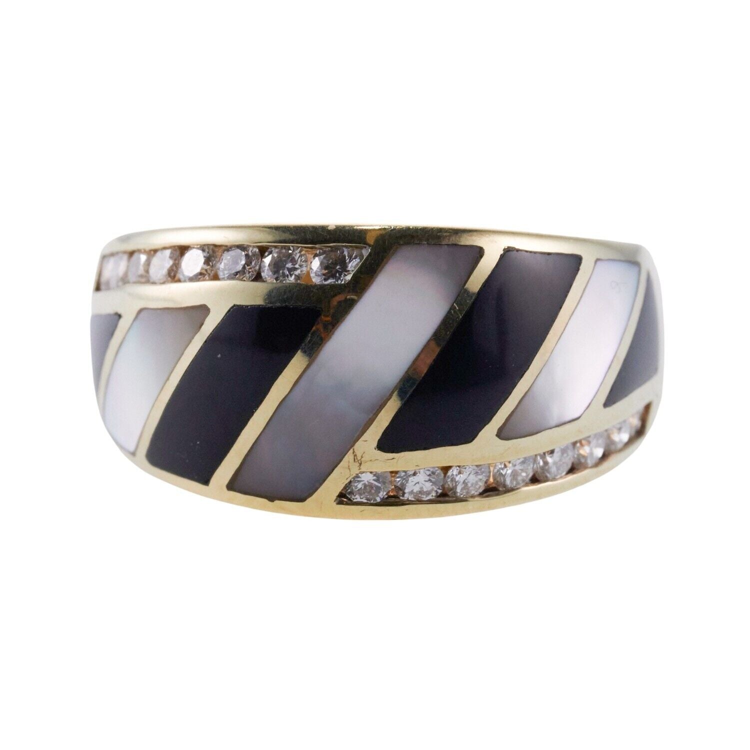 Asch Grossbardt Inlay Mother of Pearl Onyx Diamond Gold Ring