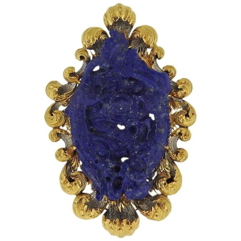 Impressive Buccellati Gold Carved Lapis Brooch Pin - Oakgem.com
