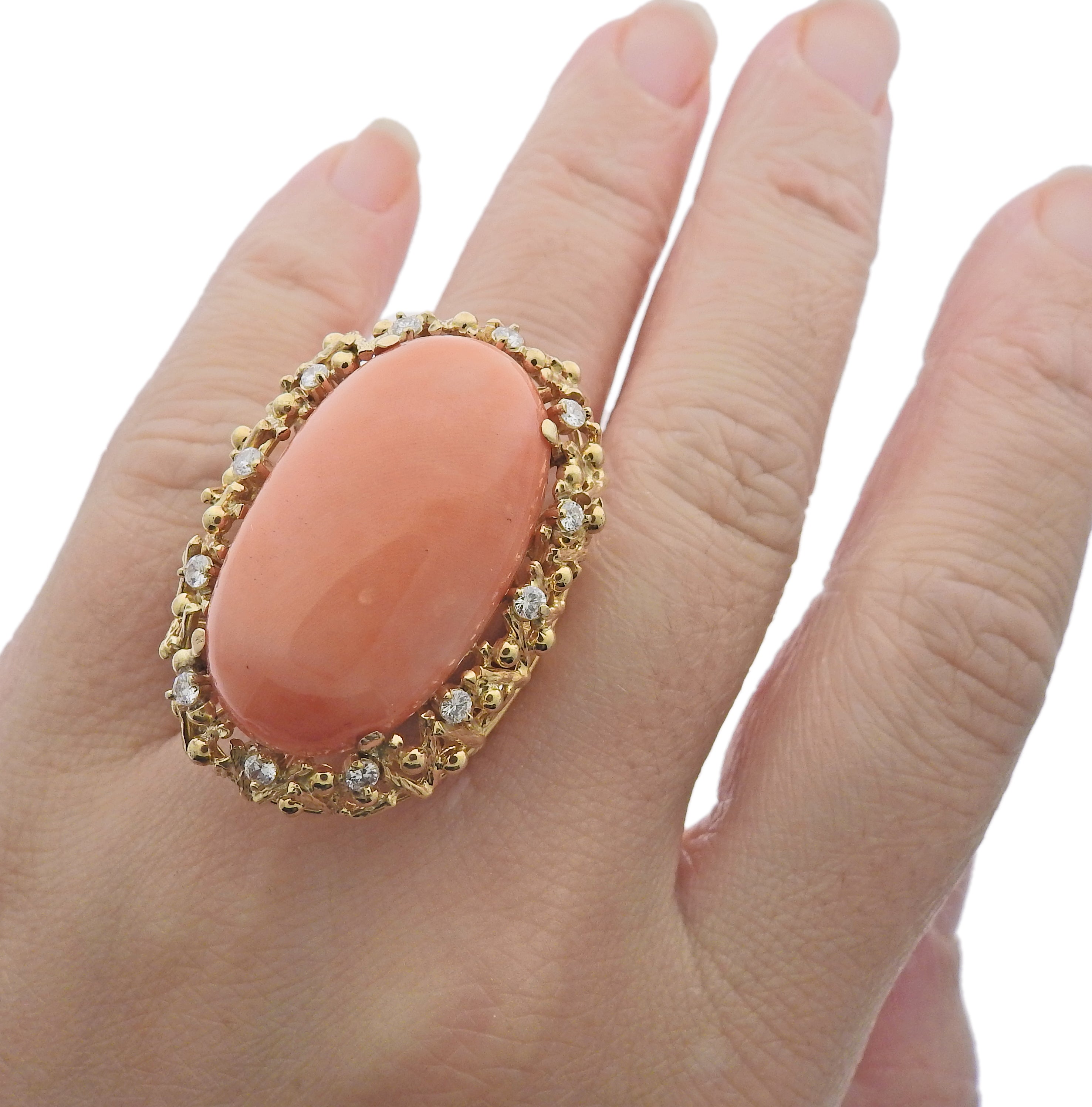 1970s Gold Diamond Coral Cocktail Ring