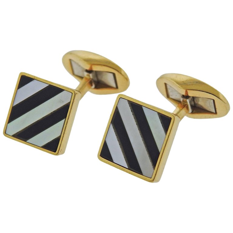 Tiffany & Co. Mother-of-Pearl Onyx Inlay Gold Cufflinks - Oak Gem