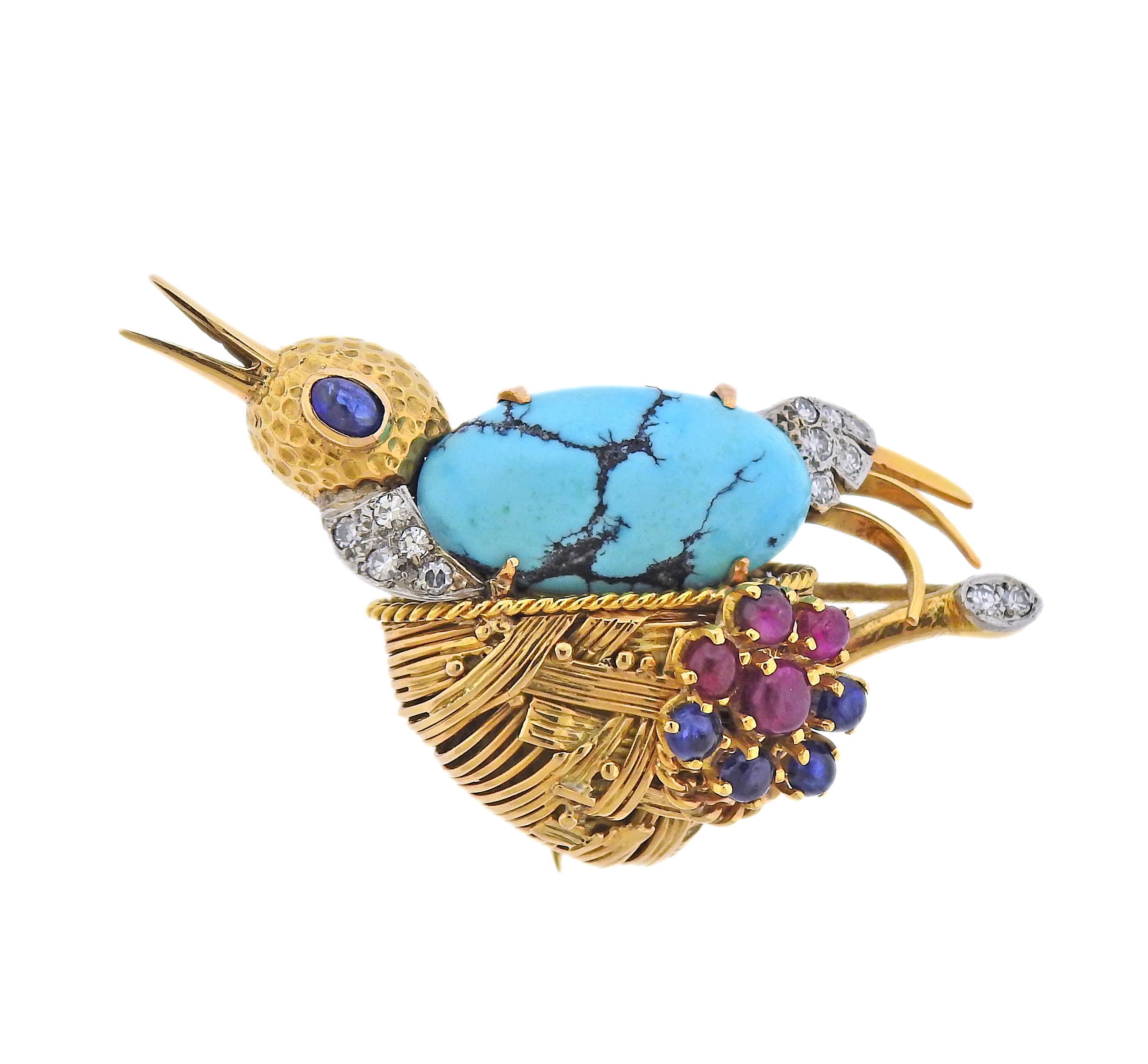 French Mid Century Diamond Ruby Sapphire Turquoise Gold Bird Brooch - Oak Gem
