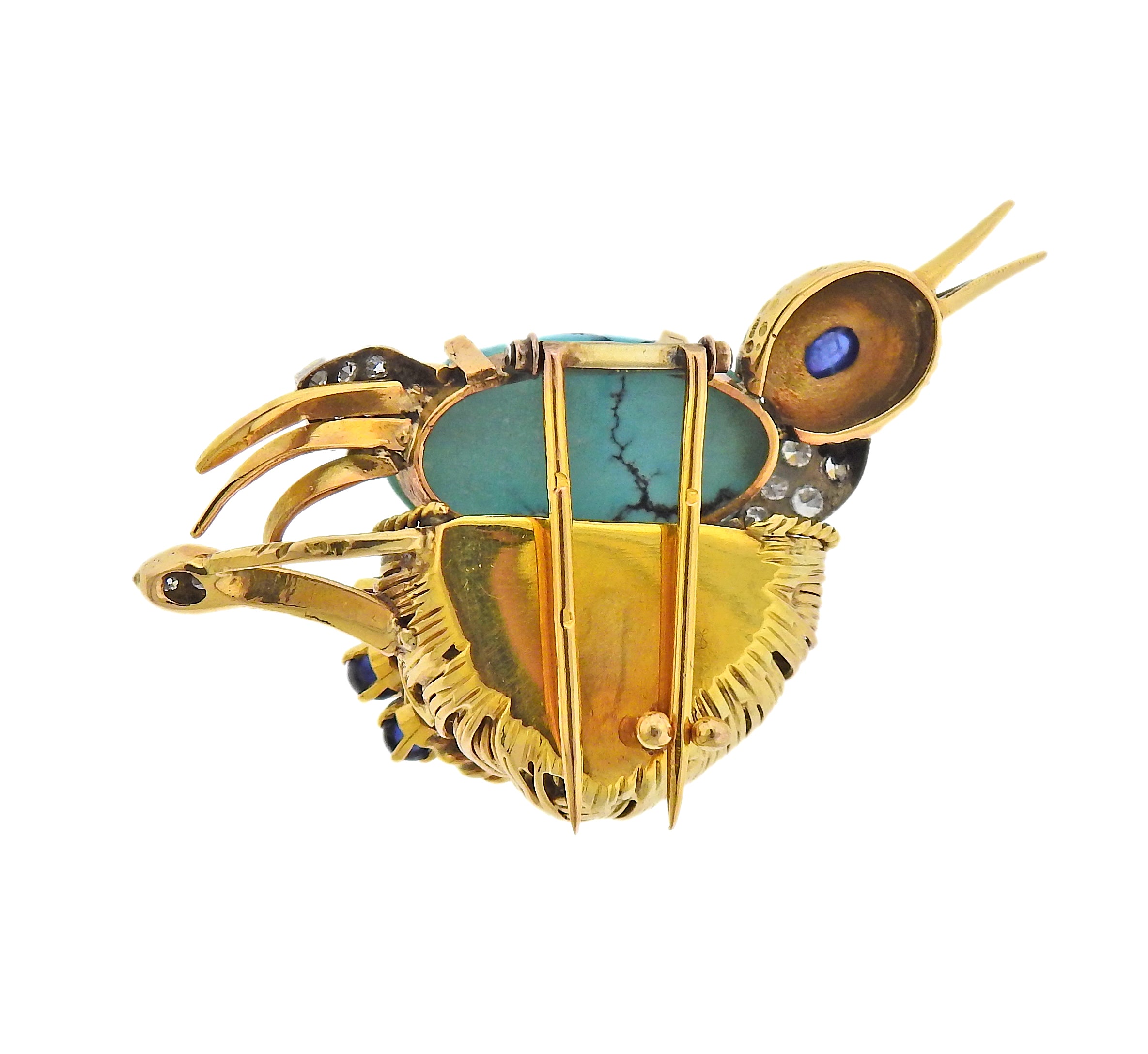 French Mid Century Diamond Ruby Sapphire Turquoise Gold Bird Brooch - Oak Gem