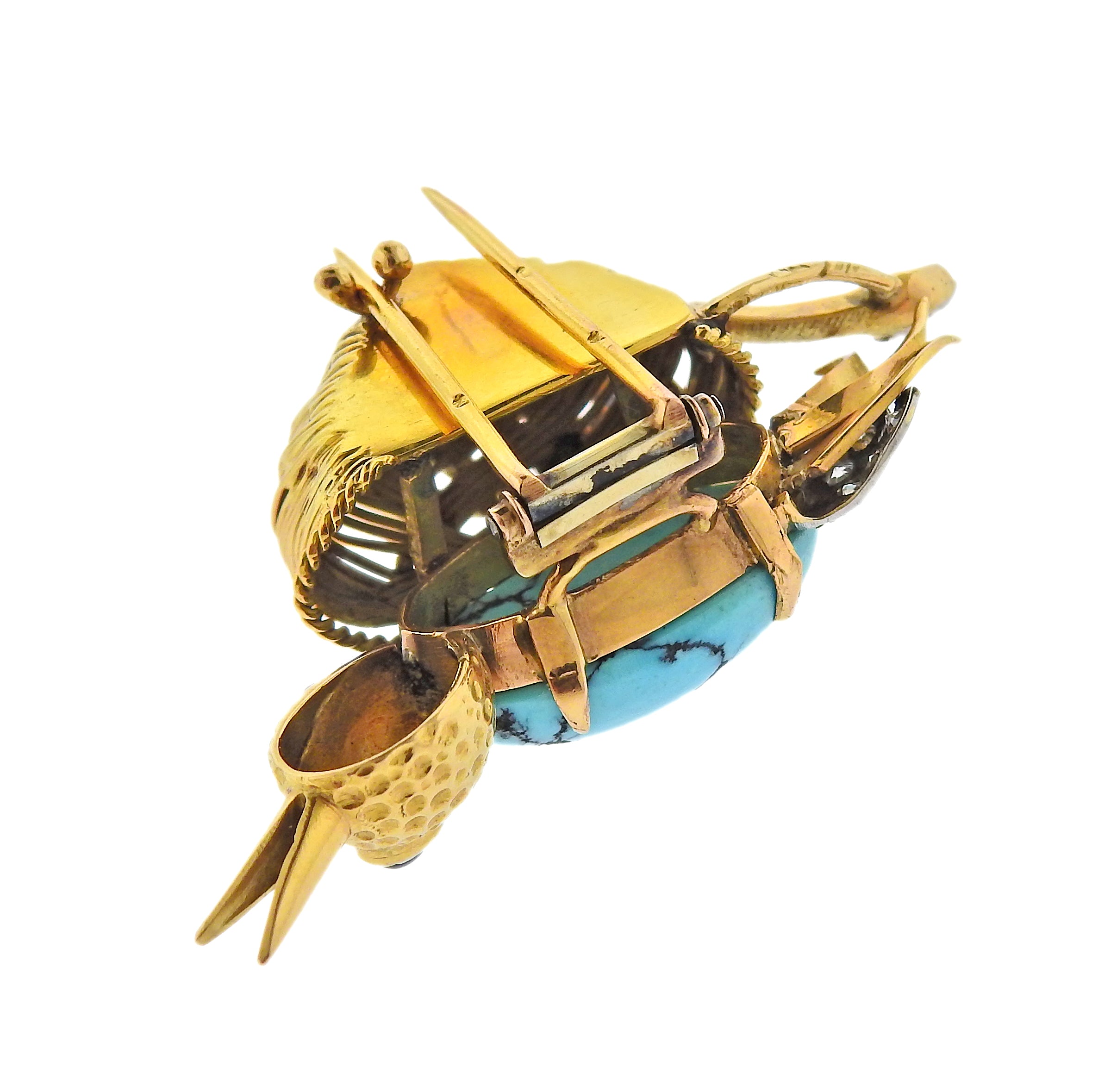 French Mid Century Diamond Ruby Sapphire Turquoise Gold Bird Brooch - Oak Gem