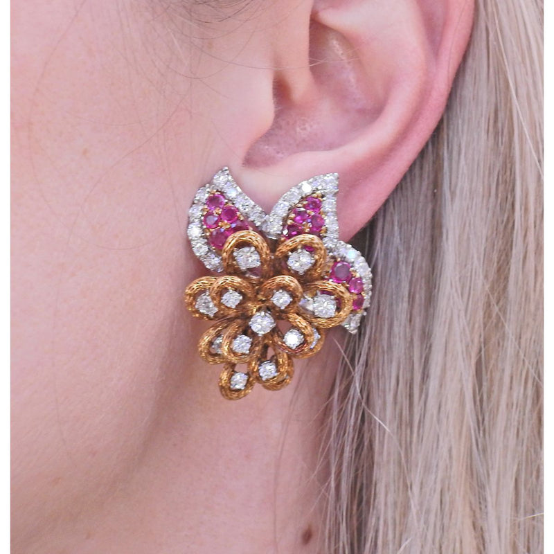 1960S GOLD 16CTW DIAMOND RUBY EARRINGS BROOCH RING SET