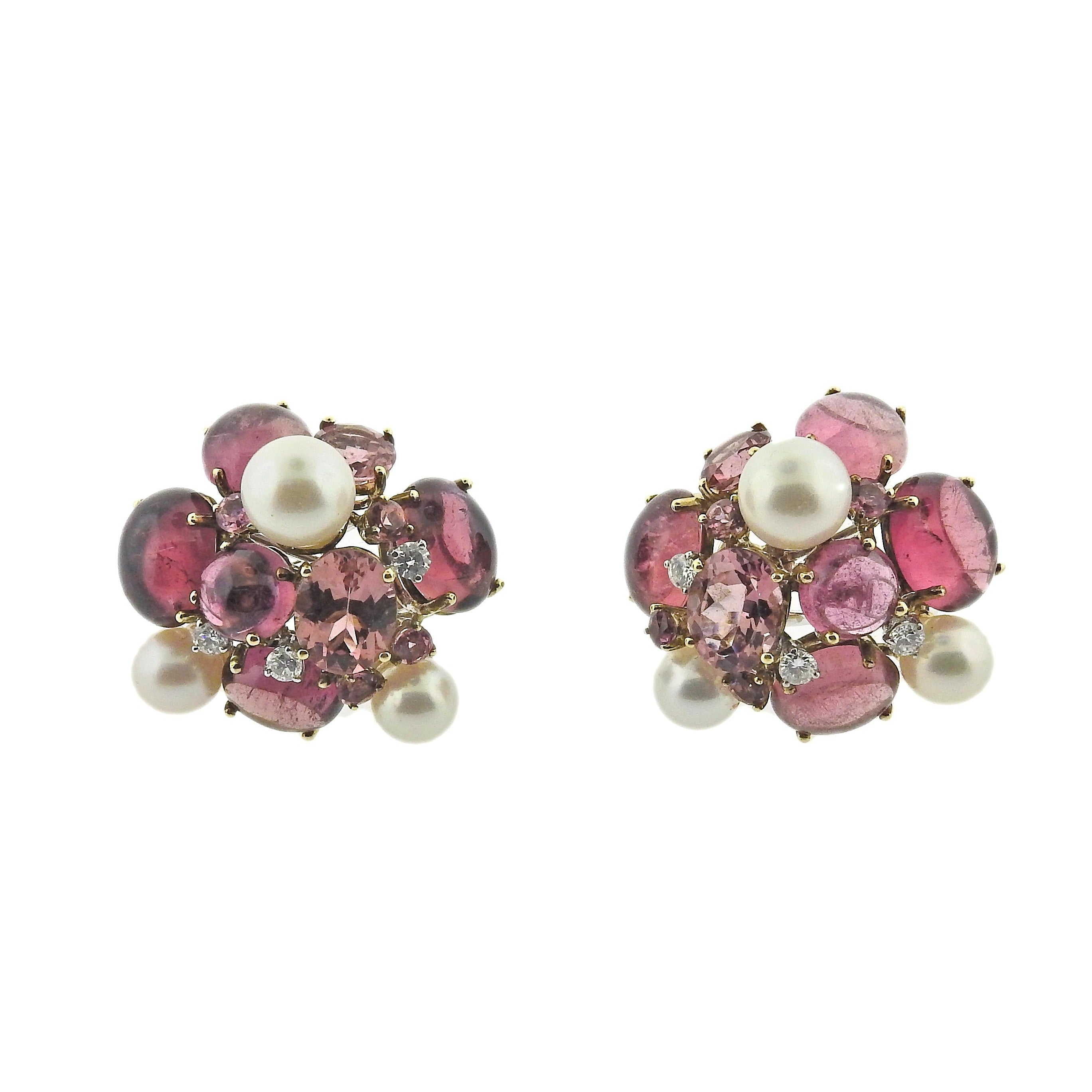 Gold Tourmaline Pearl Diamond Cluster Earrings