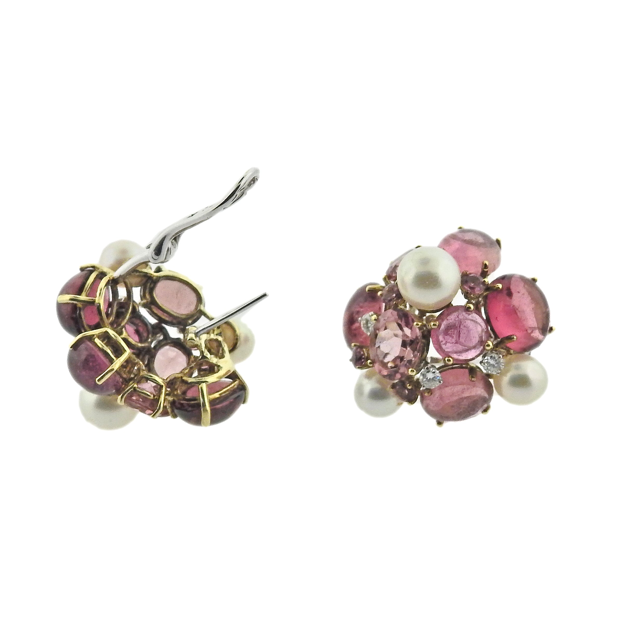 Gold Tourmaline Pearl Diamond Cluster Earrings