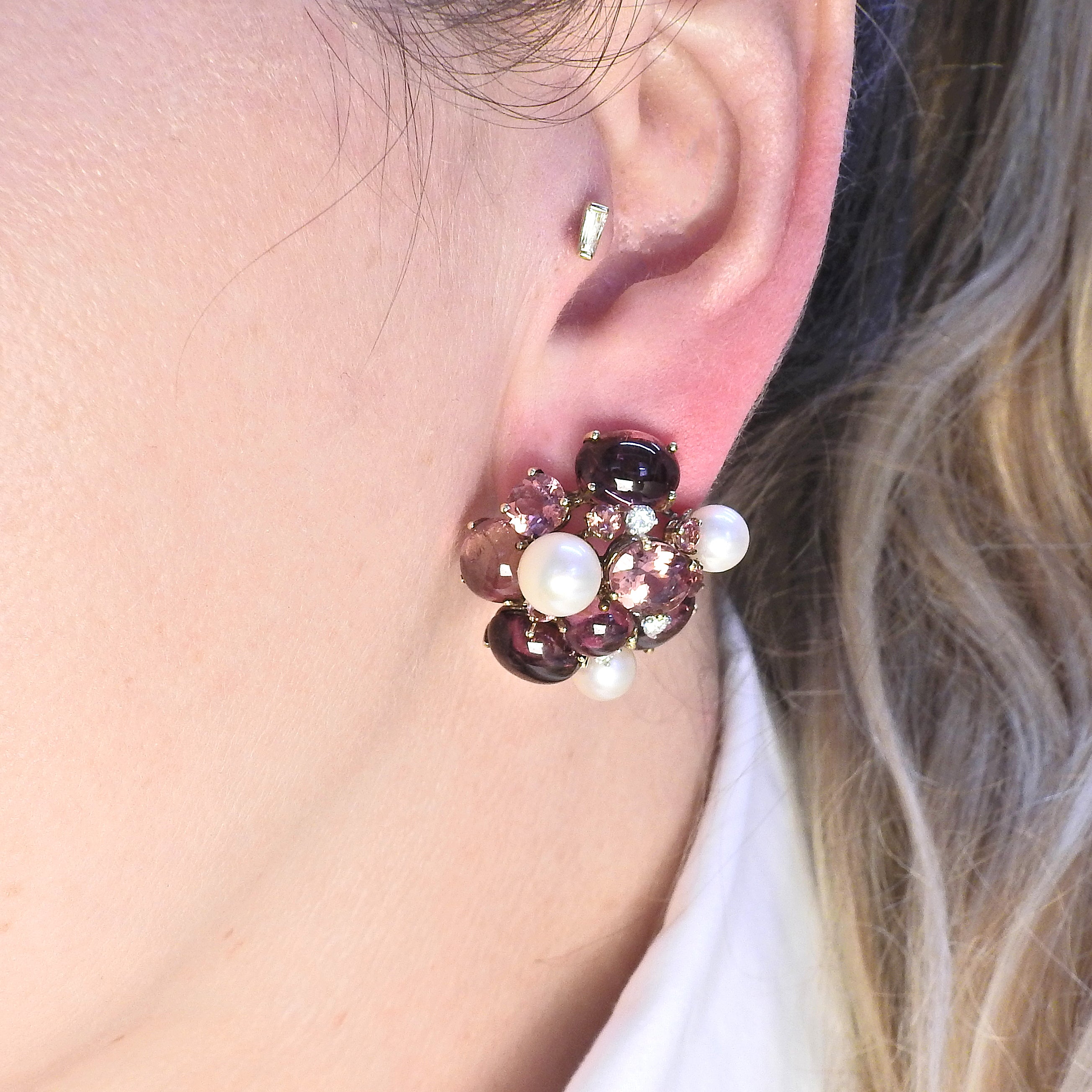 Gold Tourmaline Pearl Diamond Cluster Earrings